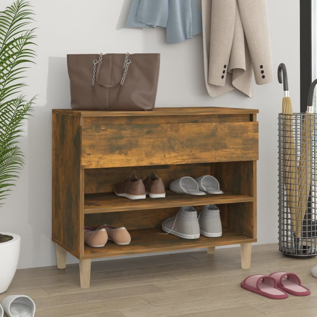 Walplus Solid Wood Shoe Cabinet - Smoked Oak - 70 x 36 x 60 cm
