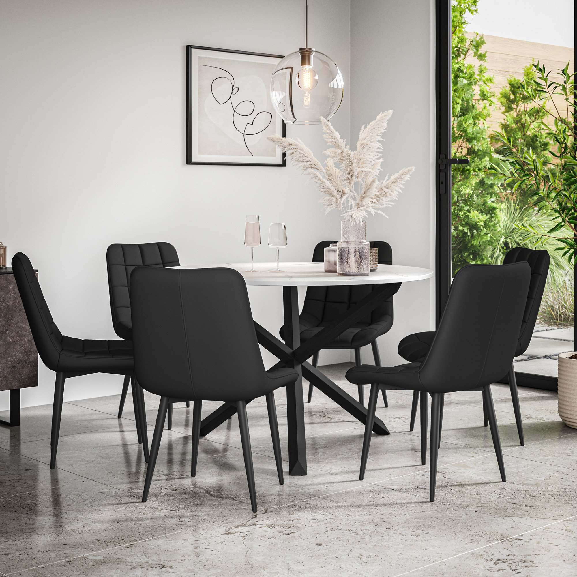 Furniture Online Malvern Nova Marble Top Dining Table & 6 Black Chairs