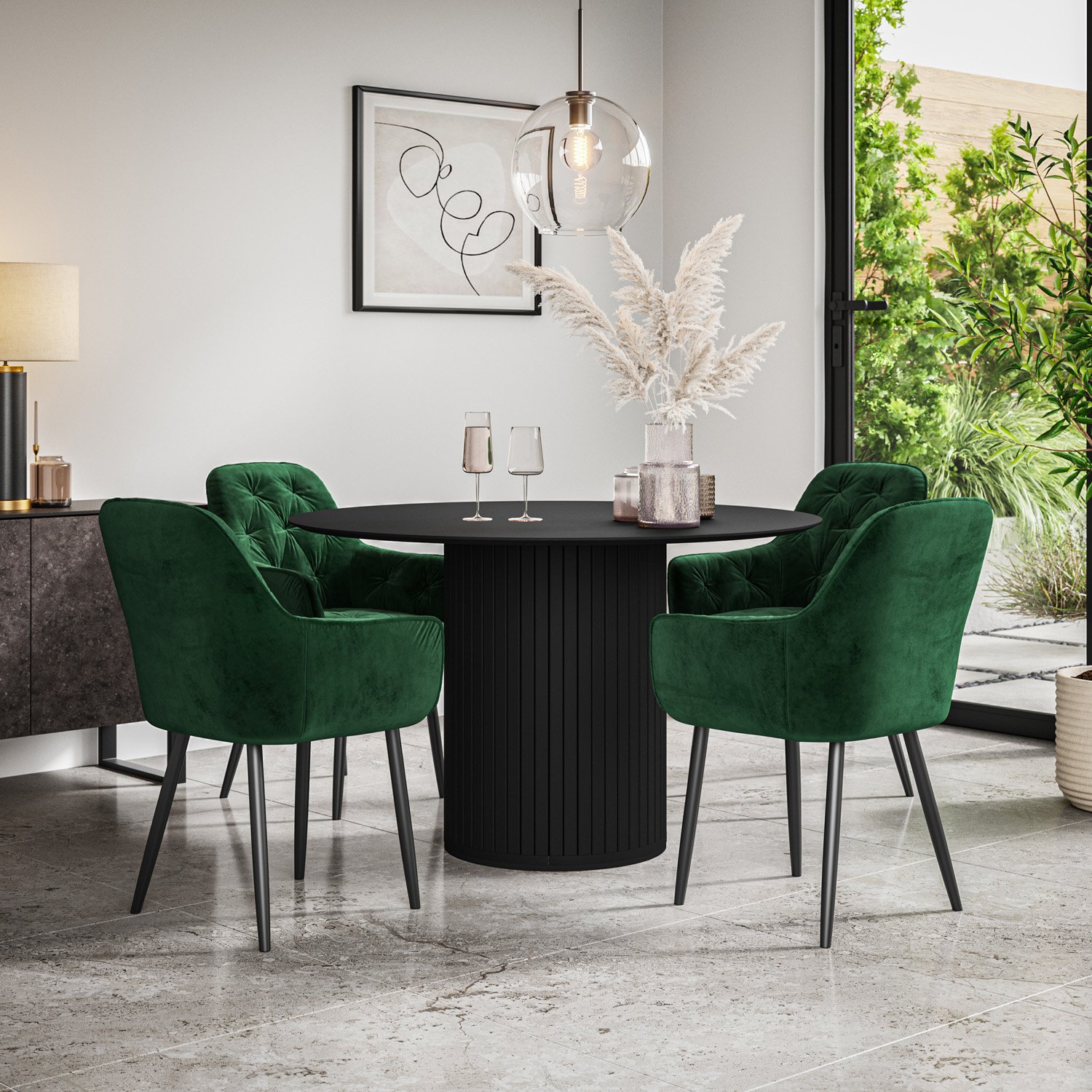 Furniture Online Arlo Anika Black Top w Blk Legs Dining Table & 4 Green Chairs