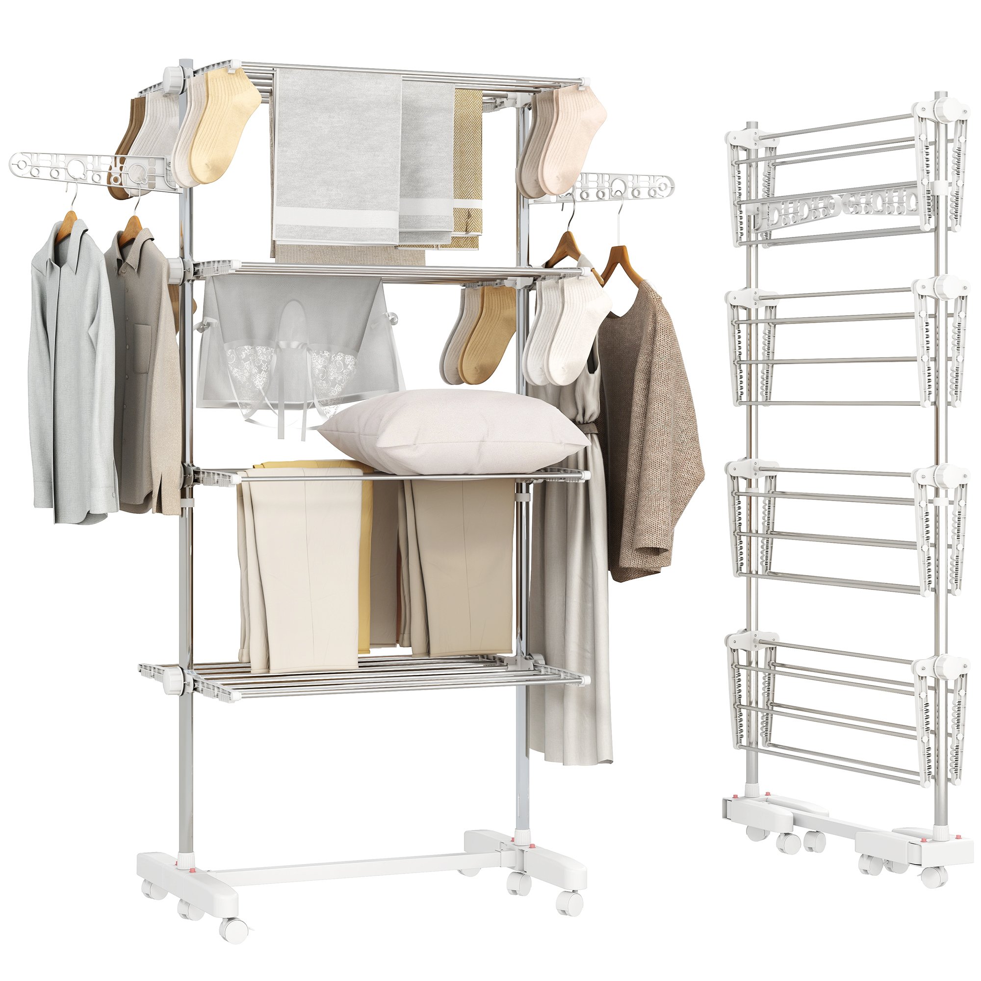 HOMCOM 4-Tier Foldable Clothes Drying Rack with Wheels and Wings - White