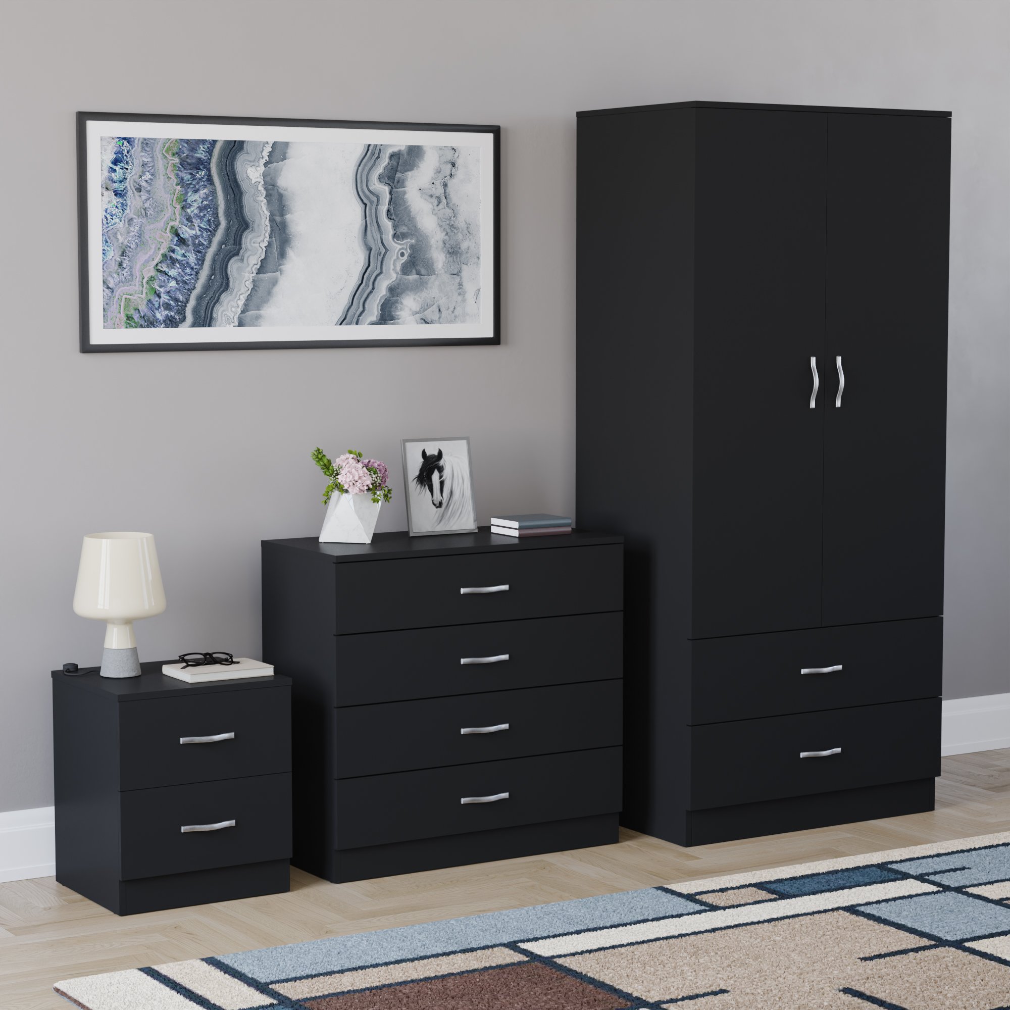 Vida Designs Riano Bedroom Set (Bedside, 4 Drawer Chest, 2x2 Wardrobe) - Black