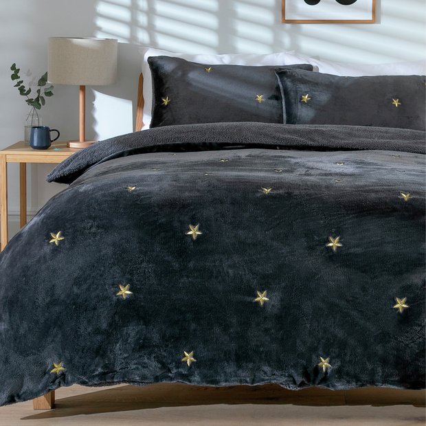 Buy Argos Home Fleece Embroidered Grey Bedding Set - Double | Duvet cover sets | Argos