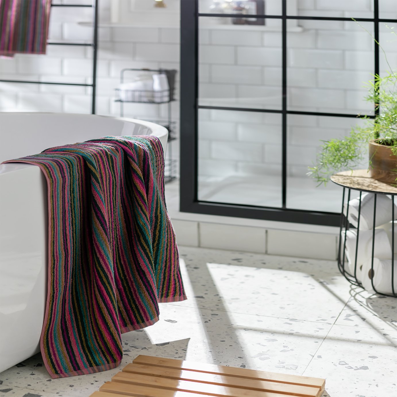 Habitat Cotton Skinny Bright Stripe Bath Sheet-Multicoloured