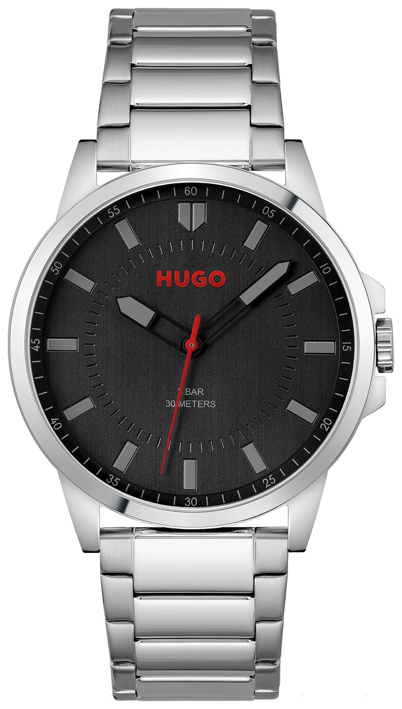 HUGO Men's Black Dial Silver Stainless Steel Bracelet Watch