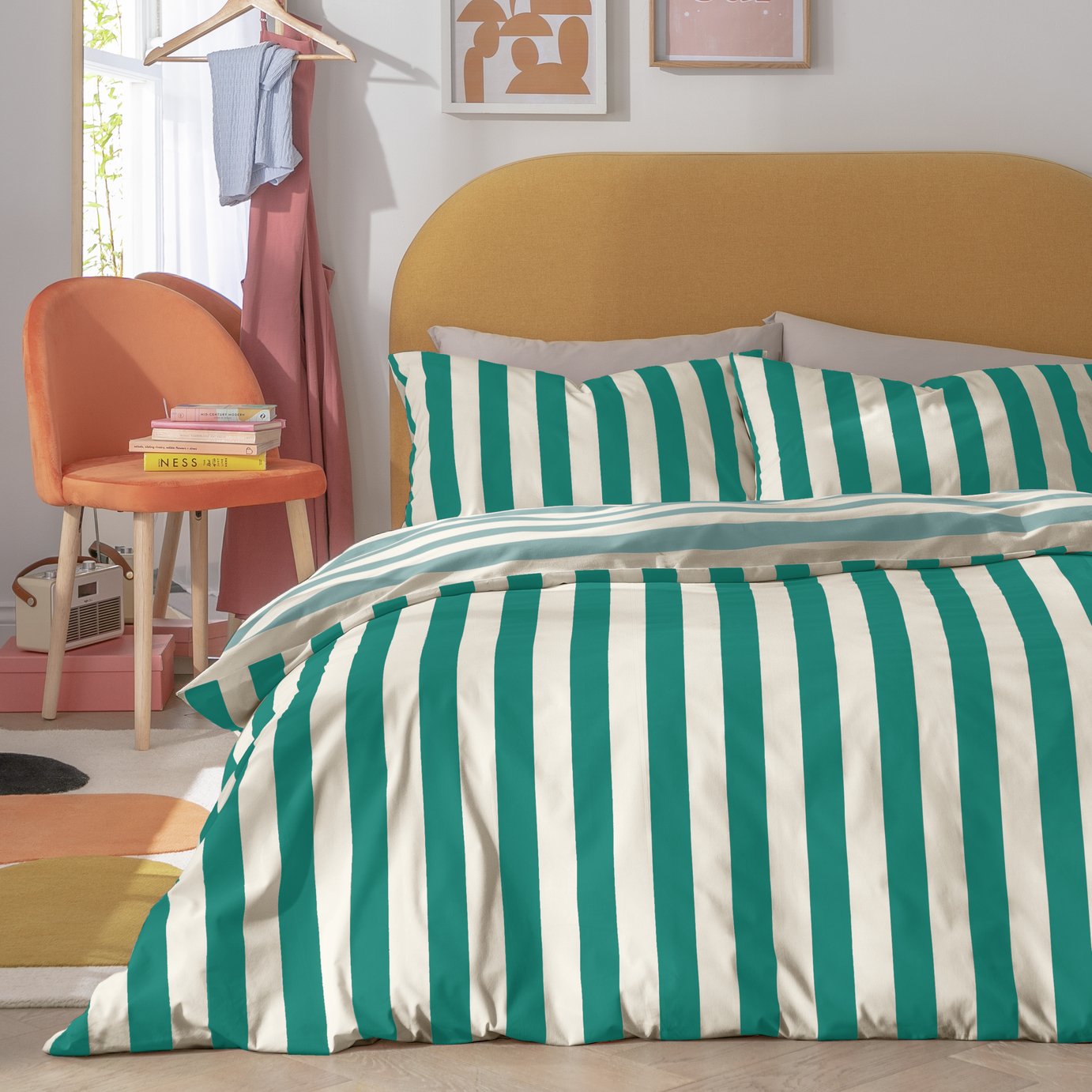 Habitat Stripe Green and White Bedding Set