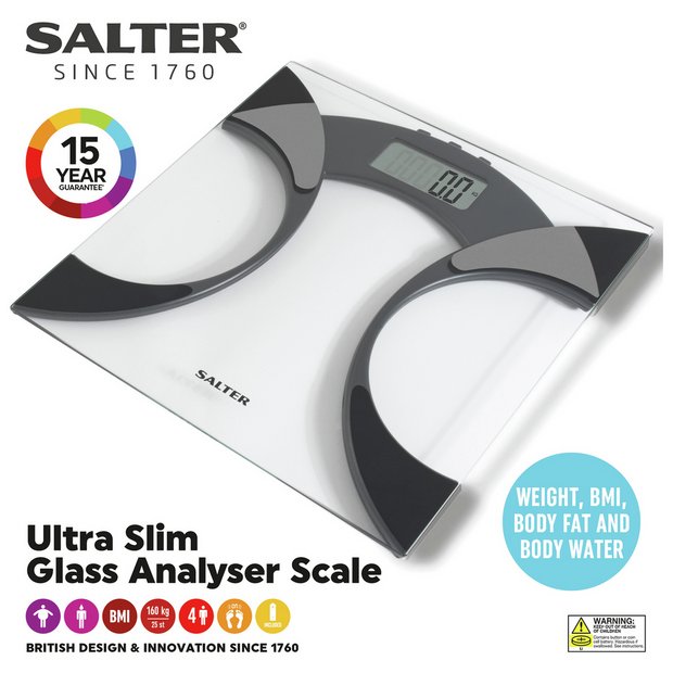 Ultra Slim Glass Analyser Bathroom Scales - Measures Weight, Body Fat, Body  Water & BMI, White