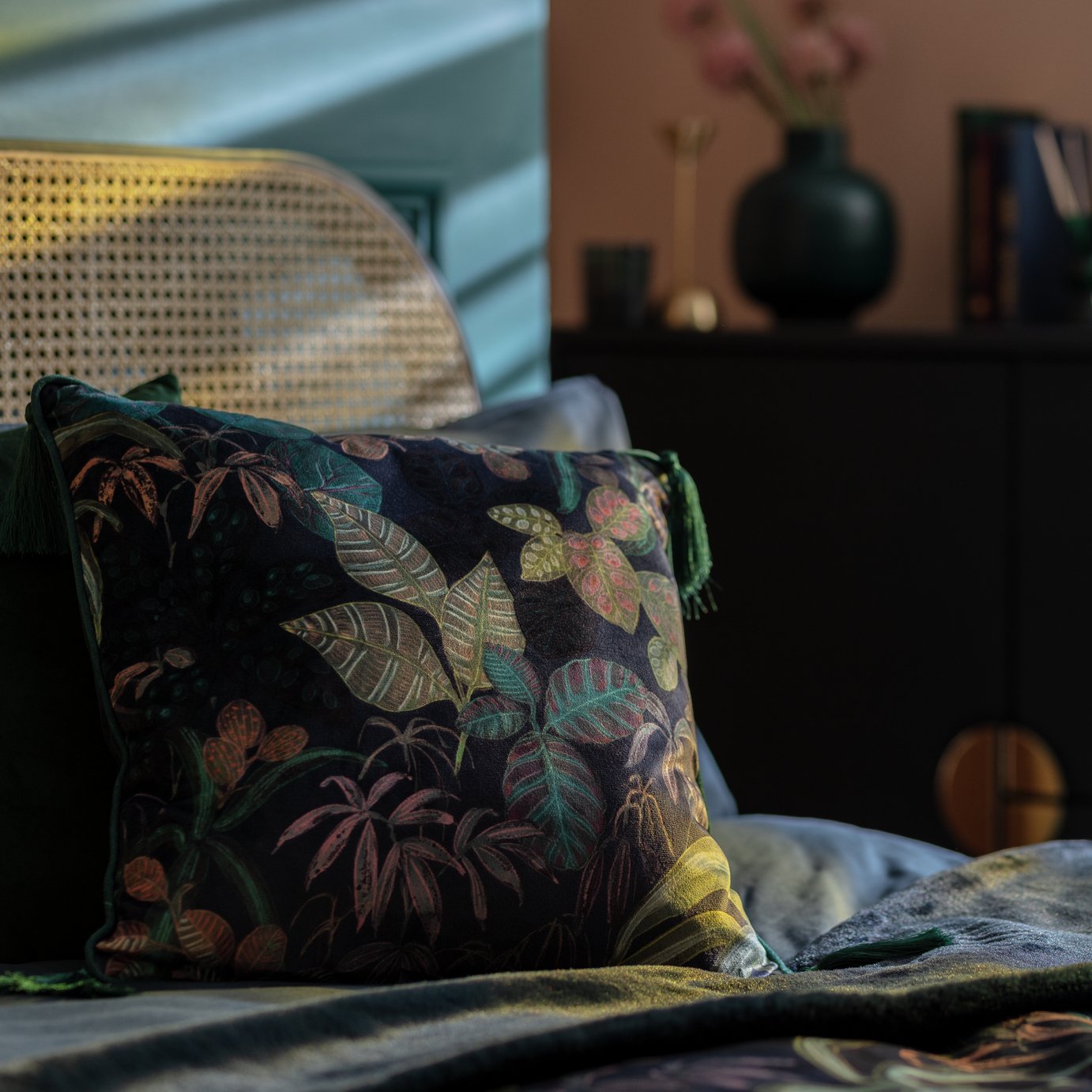 Habitat Botanical Print Velvet Cushion - Multi - 43x43cm