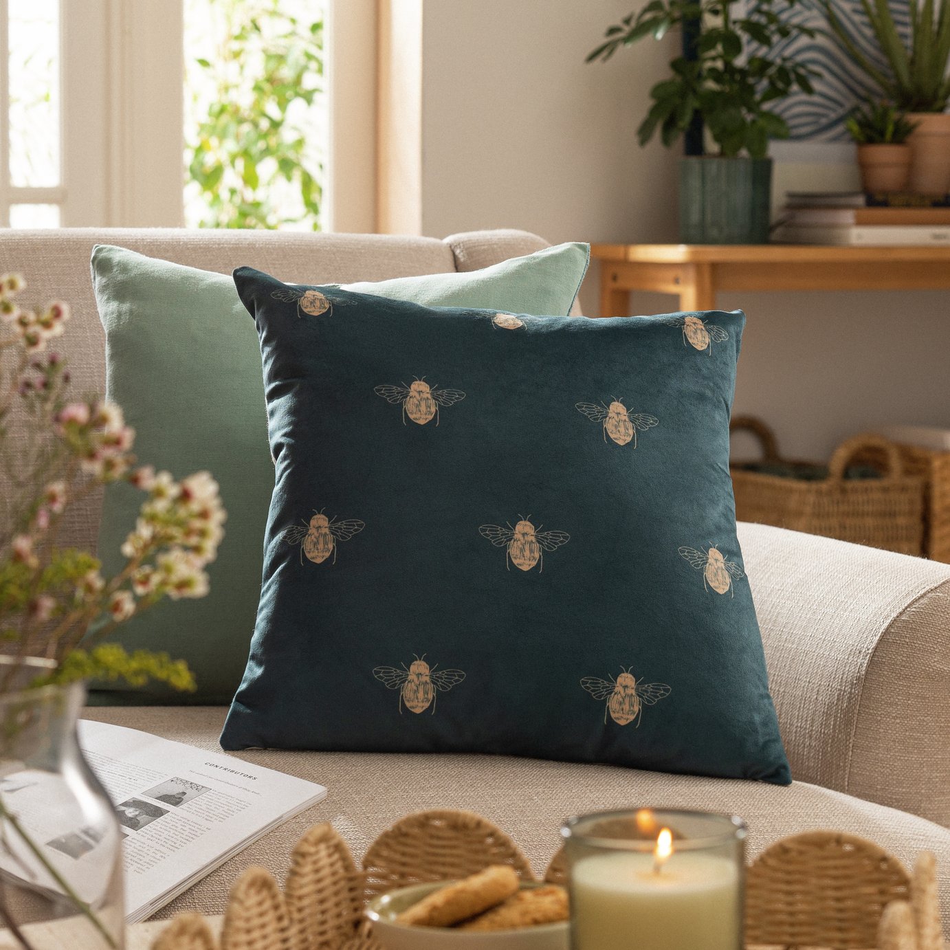 Habitat Gold Bee Printed Cushion - Teal - 43x43cm