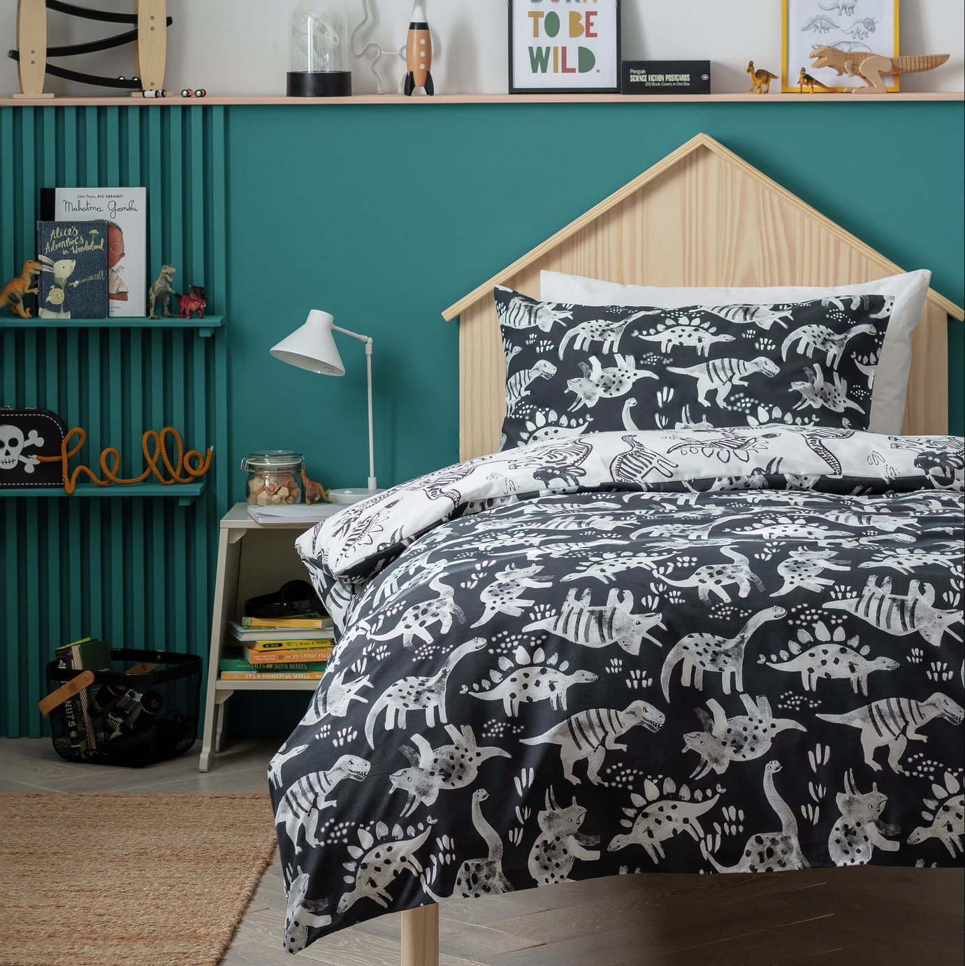 Habitat Mono Dino Black & White Kids Bedding Set