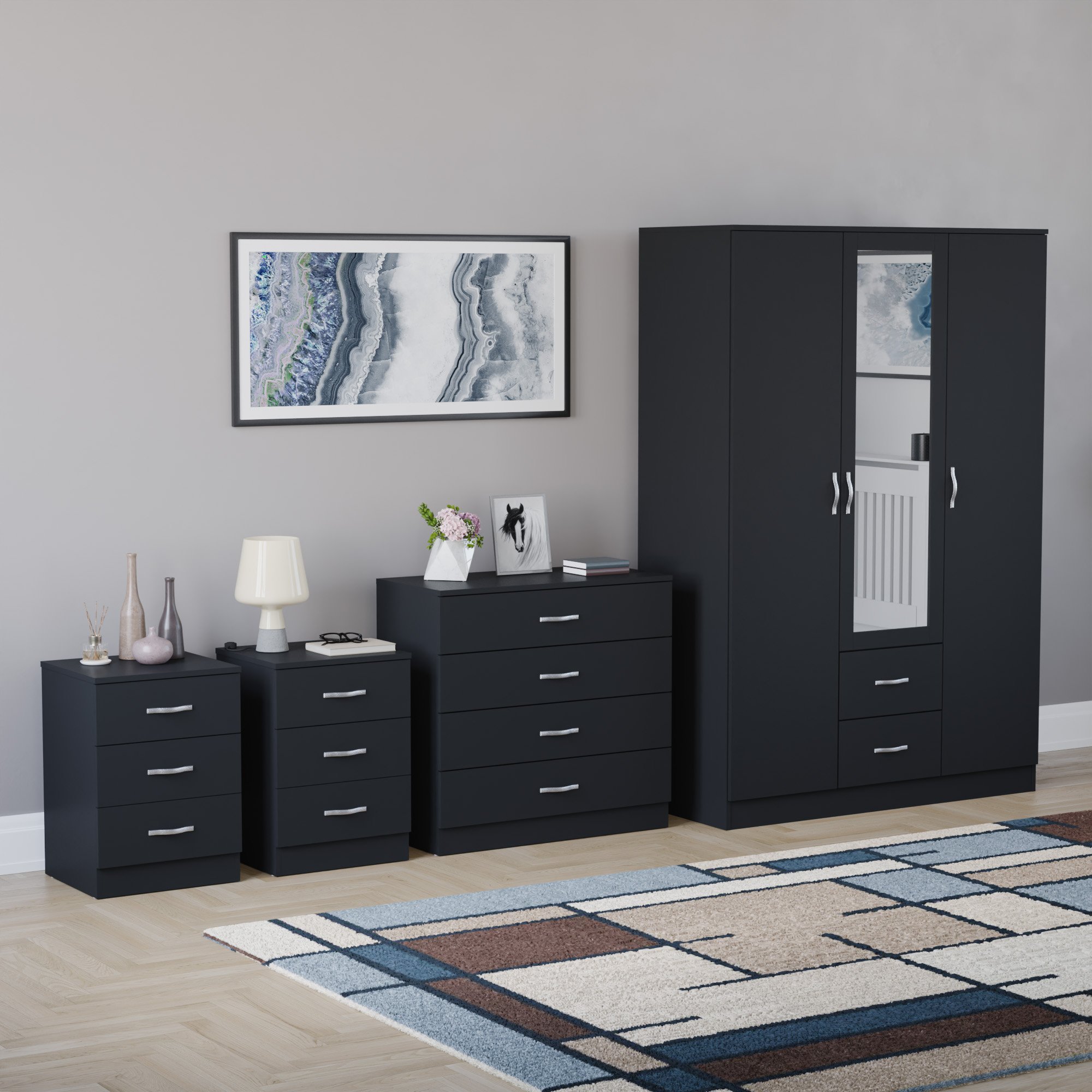 Vida Designs Riano Bedroom Set (Bedsides, 4 Drawer Chest, Mirror Wardrobe)-Black