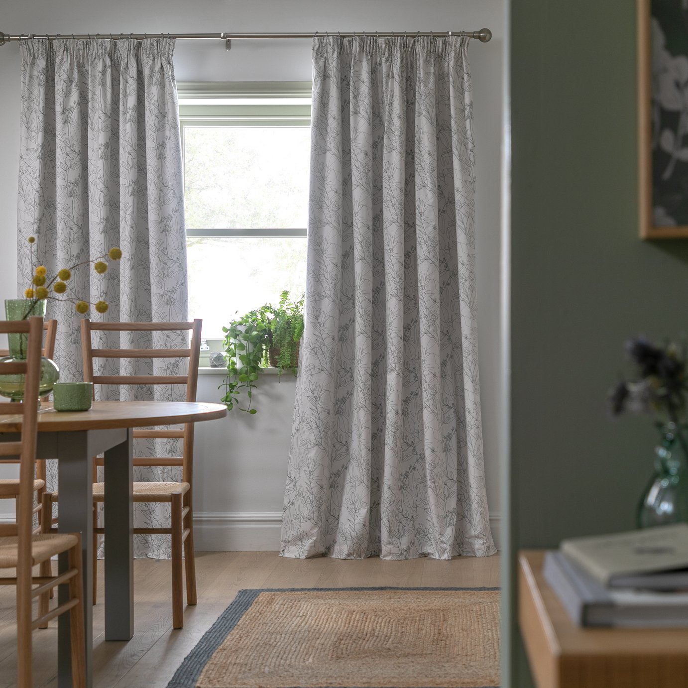 Habitat Floral Blackout Pencil Pleat Curtains -Green & White