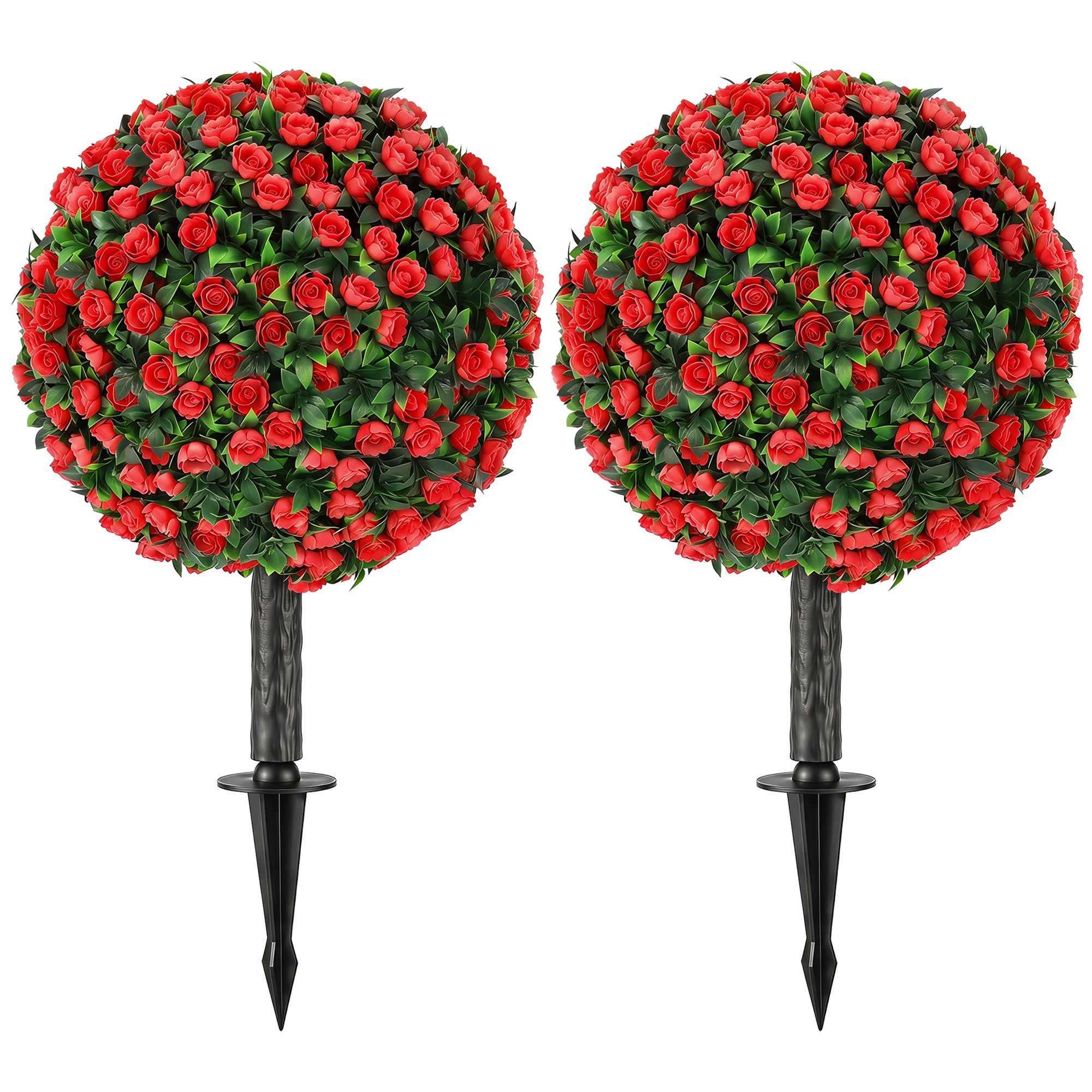 HOMCOM Set of 2 55cm UV Resistant Artificial Rose Topiary - Red