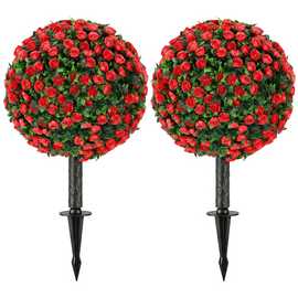 HOMCOM Set of 2 55cm UV Resistant Artificial Rose Topiary - Red