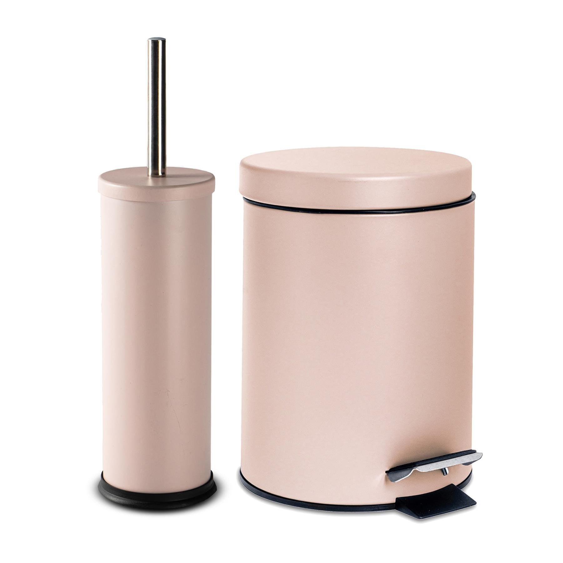 Harbour Housewares Round Bathroom Bin & Brush - 3 Litre - Matt Pink