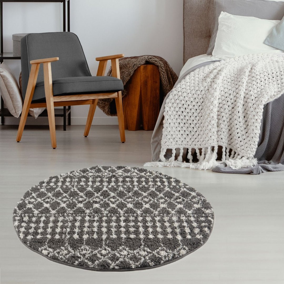 The Rugs Dark Grey Moroccan Shaggy Tribal Round Rug - 120cm