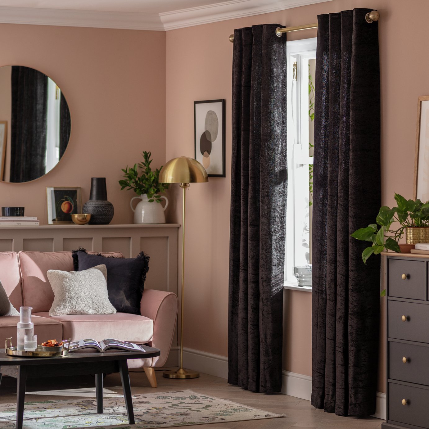 Argos Home Velvet Eyelet Curtains - Black - 168x183cm