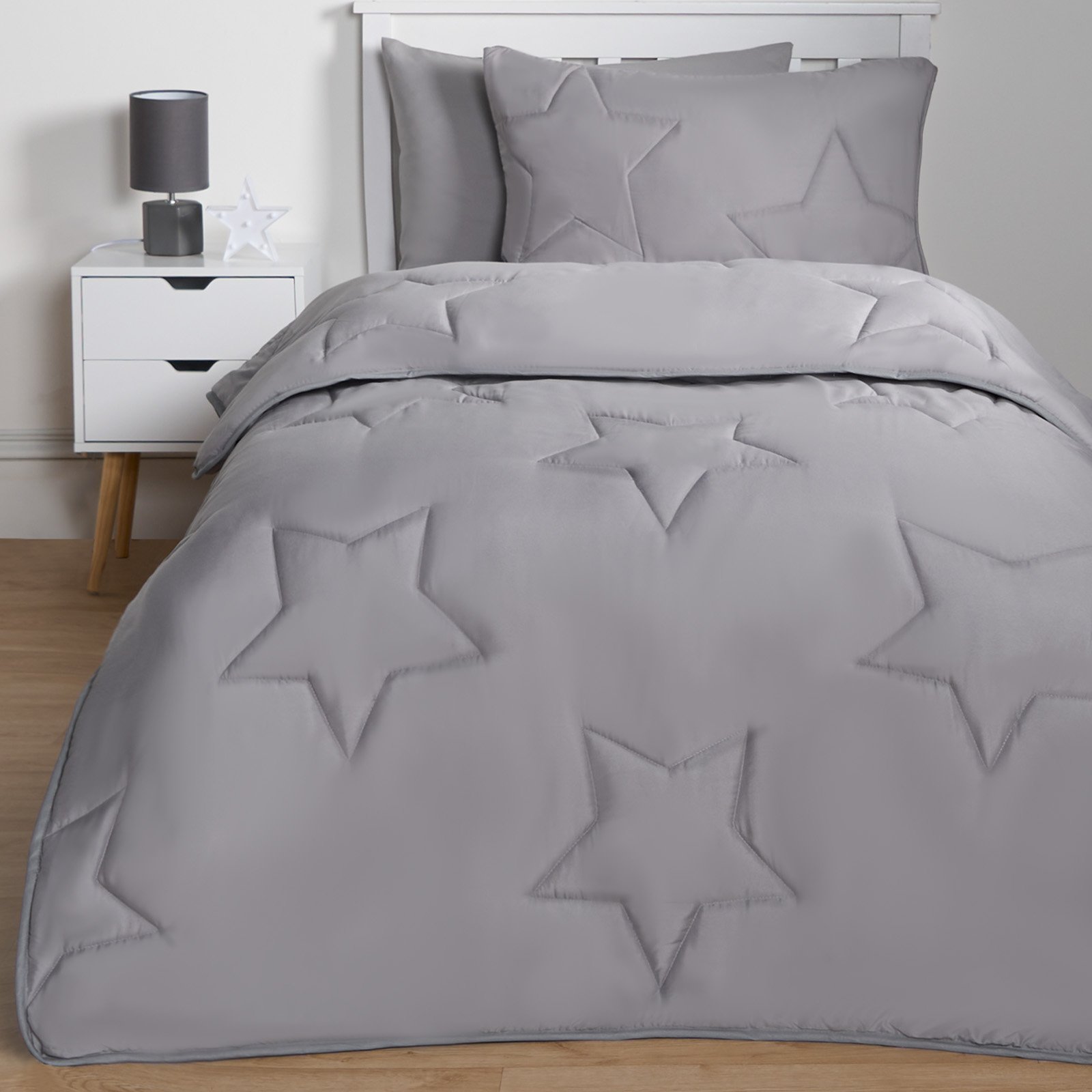 OHS Kids Quilted Star 7.5 Tog Coverless Duvet Set Grey - Double