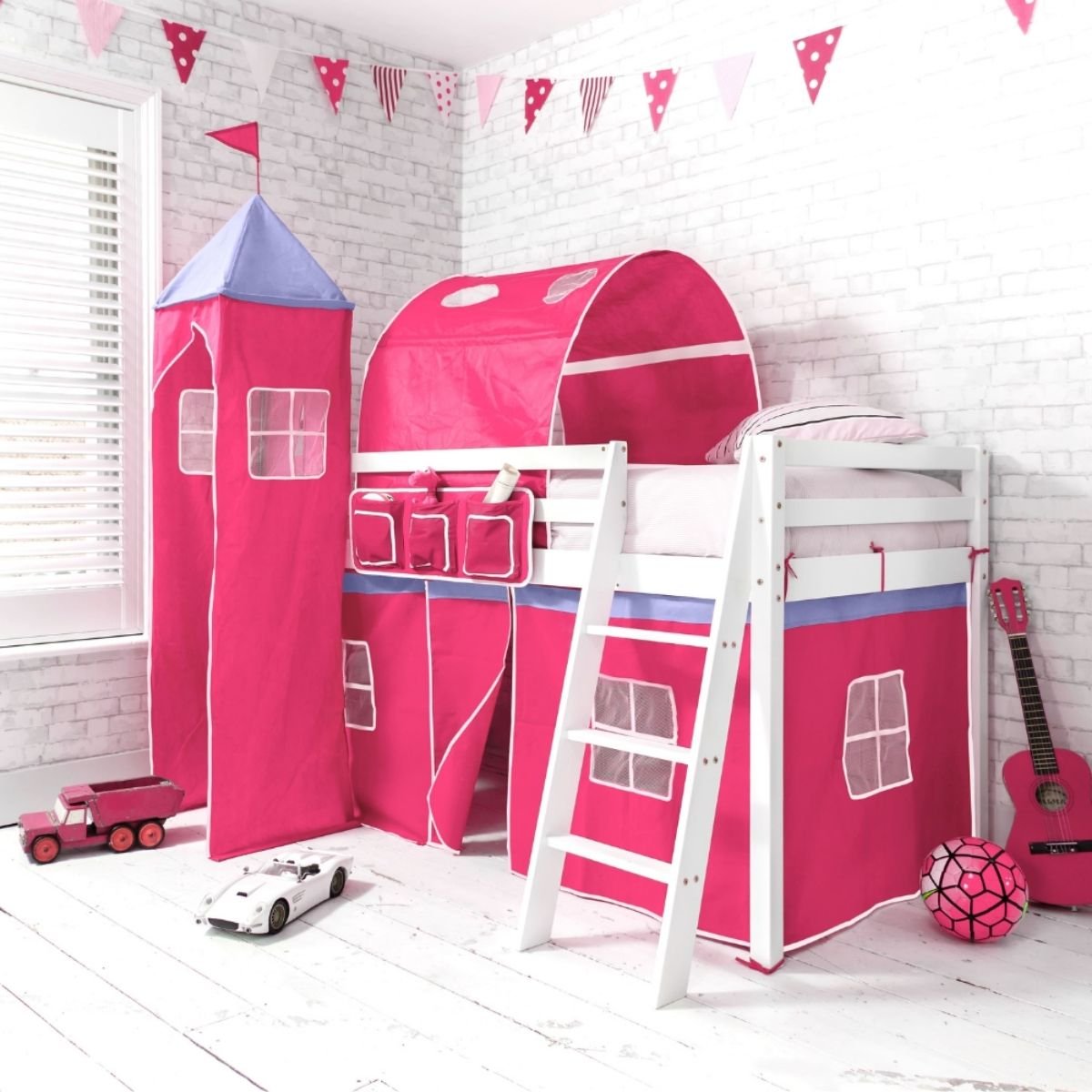 Noa & Nani Moro Midsleeper Cabin Bed With Cotton Pink Tent Package - White