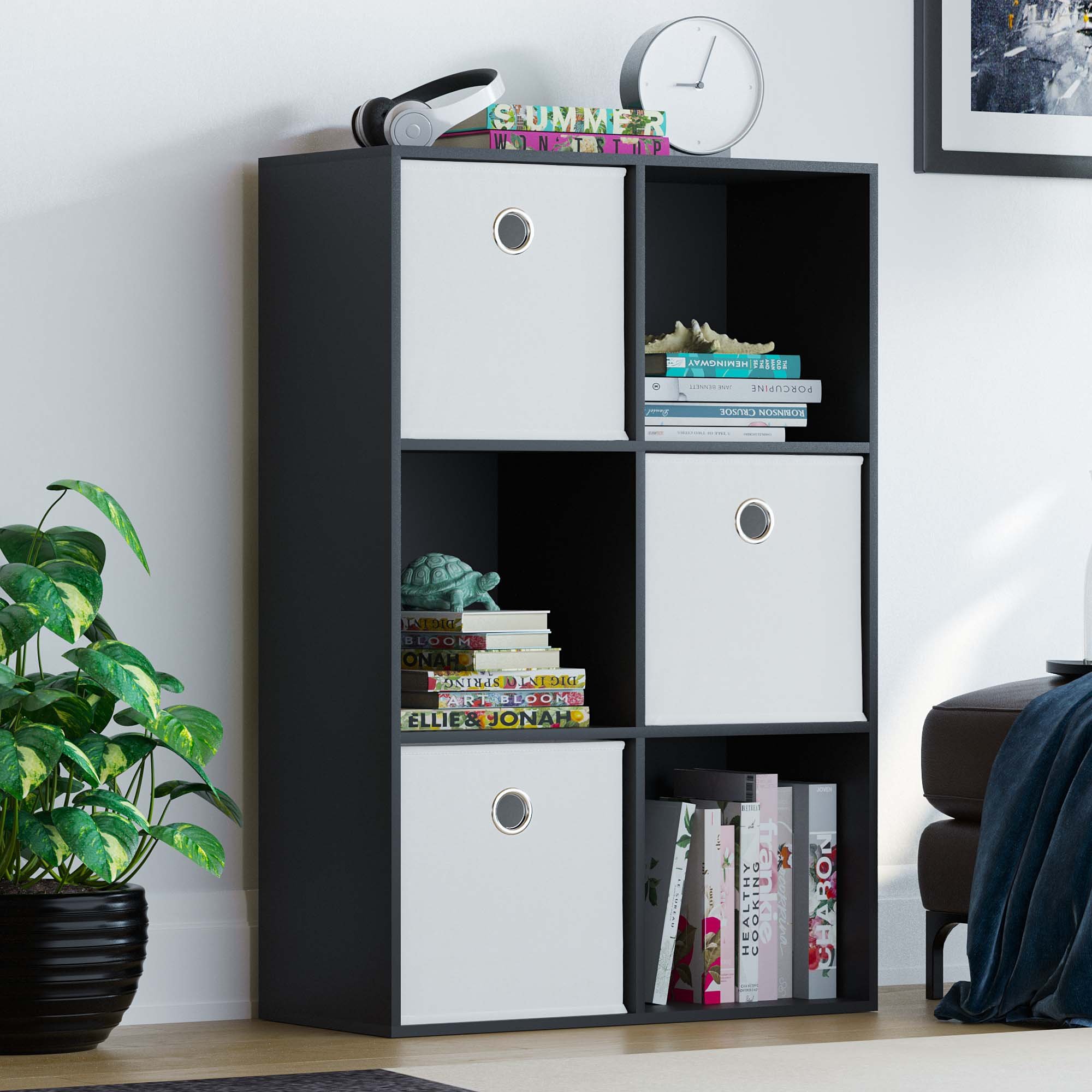 Vida Designs Durham Tall 6 Cube Storage Unit with Set of 3 White Baskets - Black