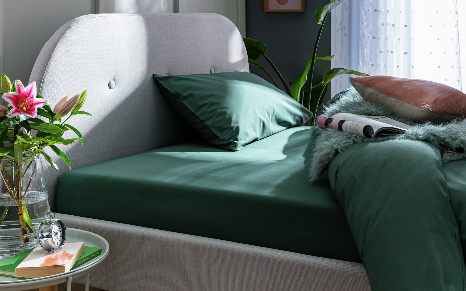 Habitat Cotton Rich 180 TC Leaf Green Fitted Sheet - Double