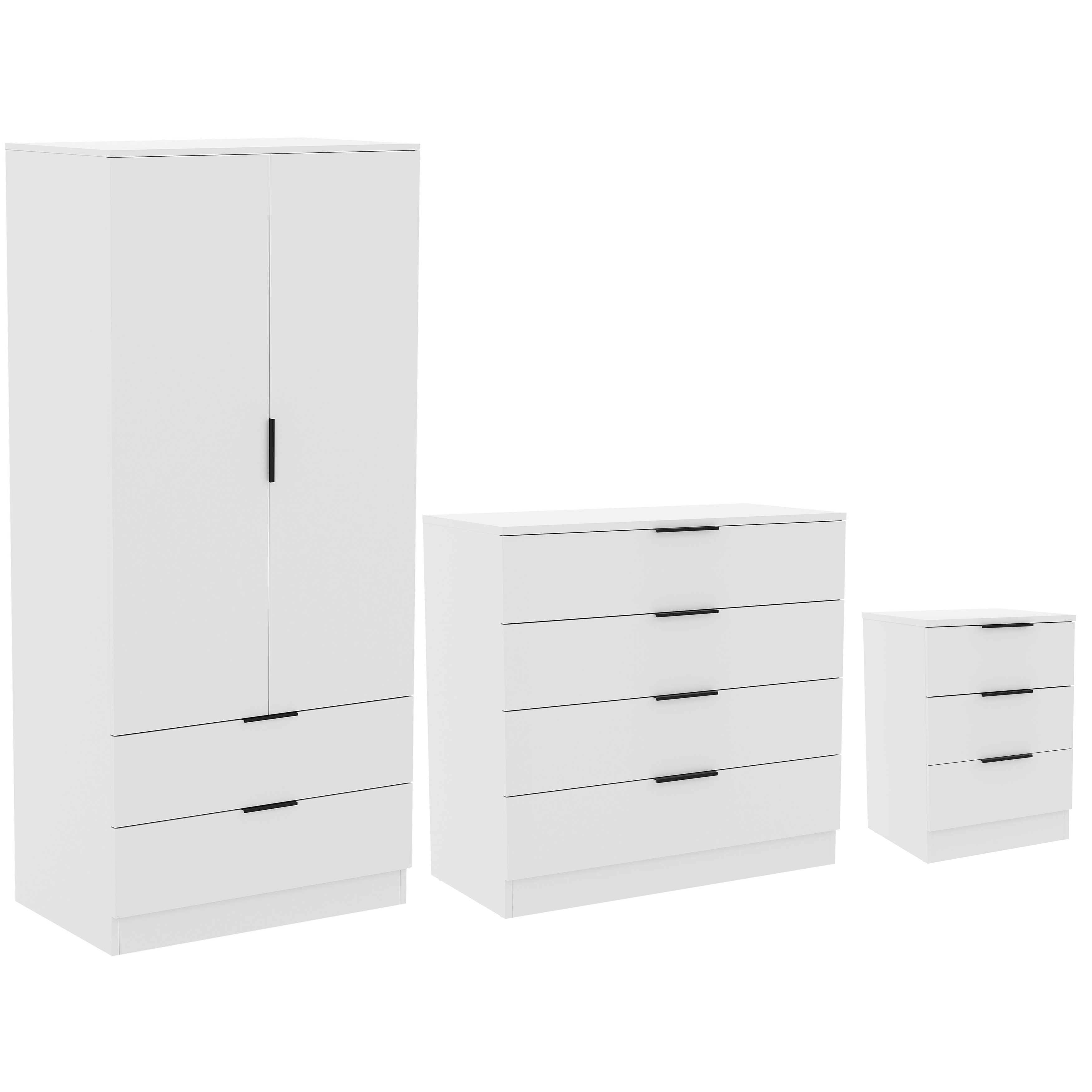 Vida Designs Trega Bedroom Set (Bedside, 4 Drawer Chest, 2x2 Wardrobe) - White