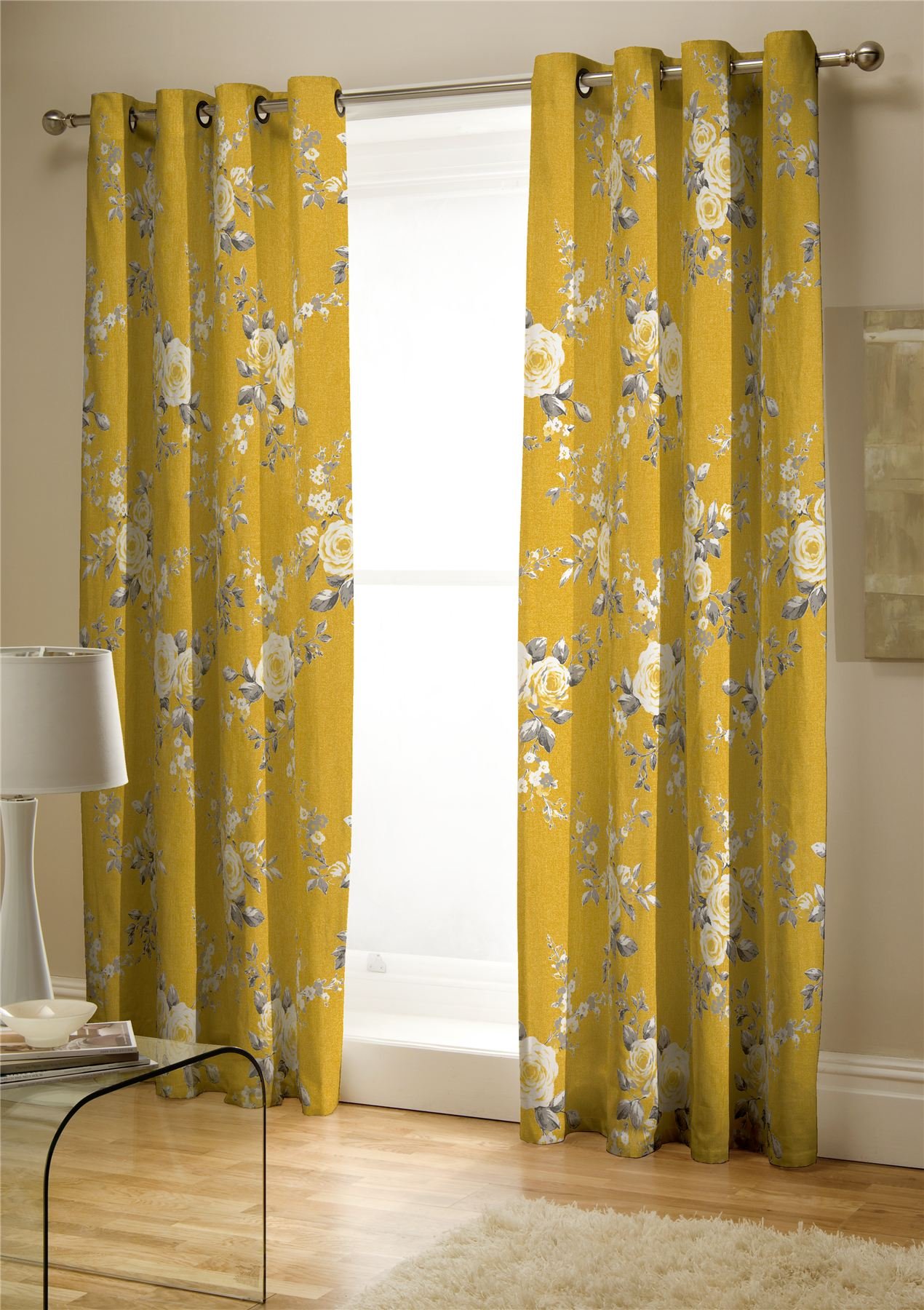 Catherine Lansfield Canterbury Eyelet Curtains - Yellow - 168 x 183cm