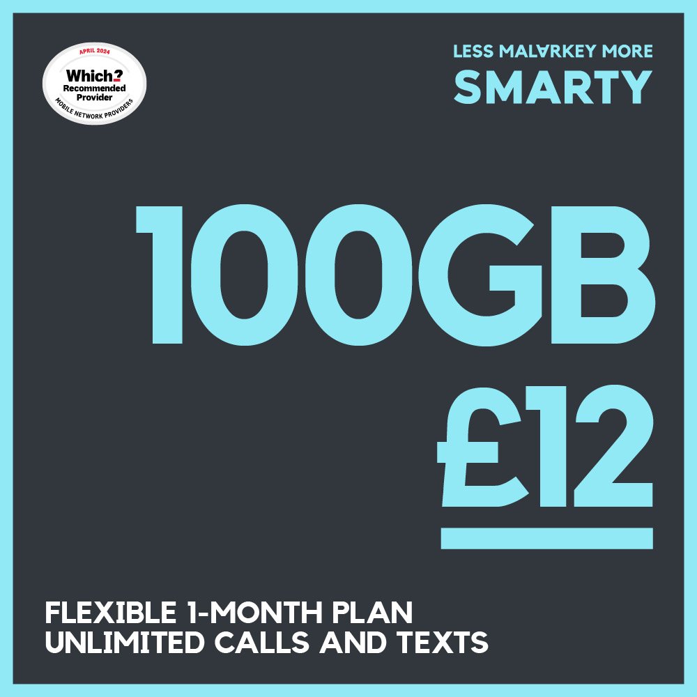 SMARTY 100GB 30 Day Pay As You Go SIM Card