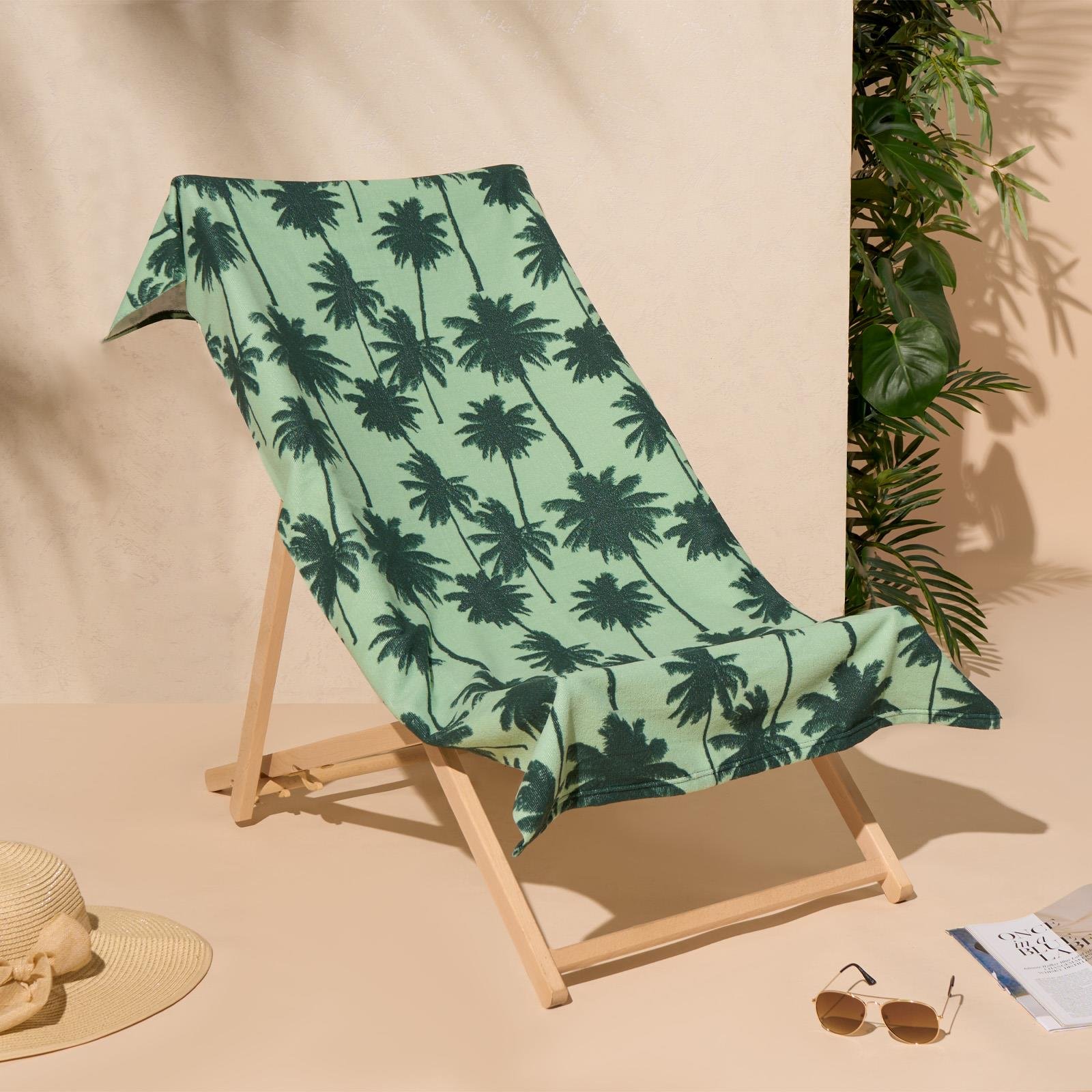 OHS Palm Printed Microfibre Beach Towel - Green