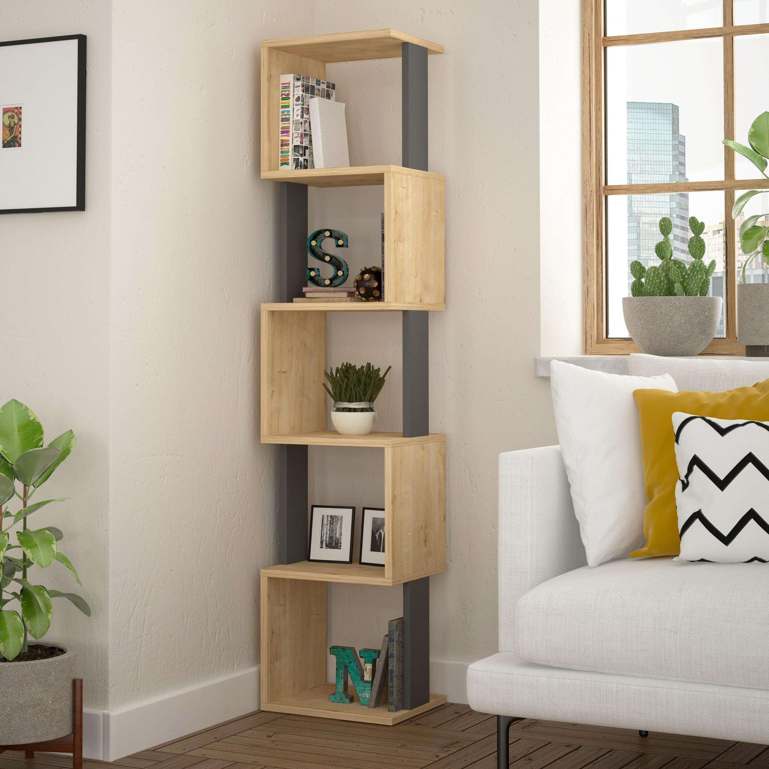 Decortie Piri Particleboard Bookcase - Oak, Anthracite Grey