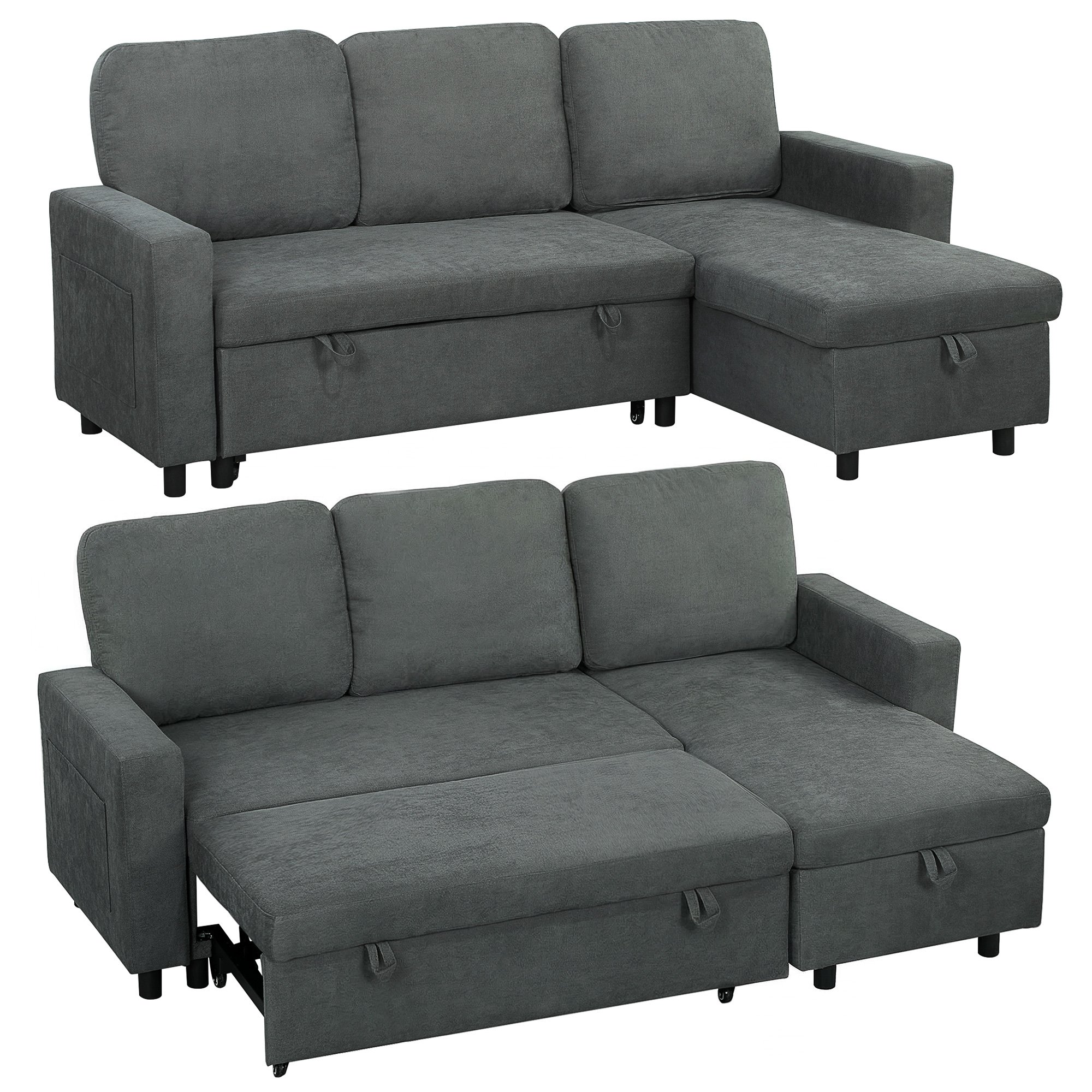 HOMCOM 3 Seater Corner Sofa Bed with Reversible Chaise - Charcoal Grey