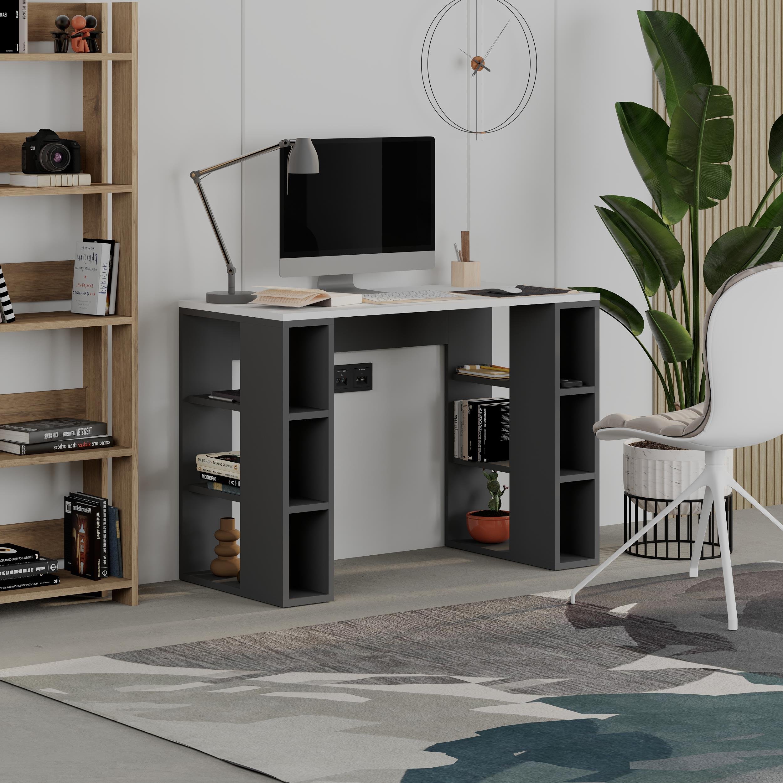 Decortie Colmar Wood Effect Particleboard Study Desk - White & Anthracite Grey