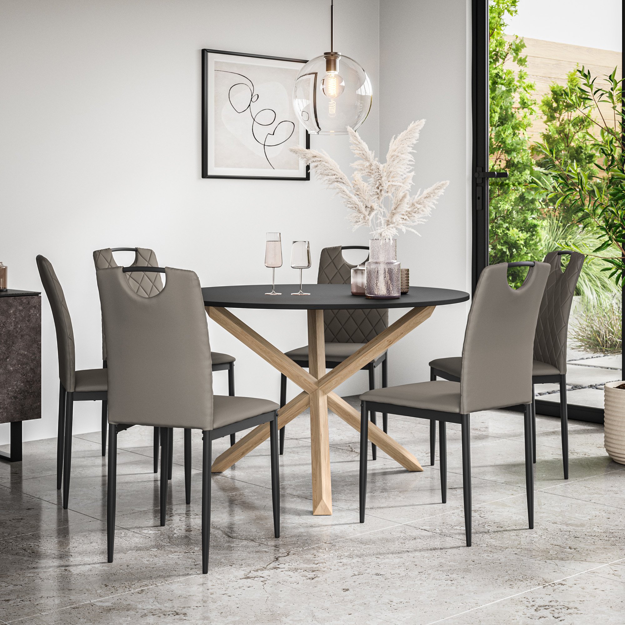 Furniture Online Malvern Monza Black Top Dining Table & 6 Grey Chairs