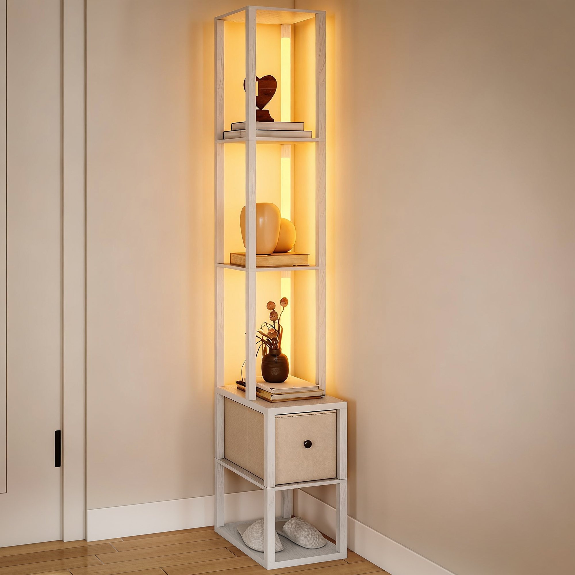 HOMCOM LED Floor Lamp With Shelves And Fabric Drawer - White
