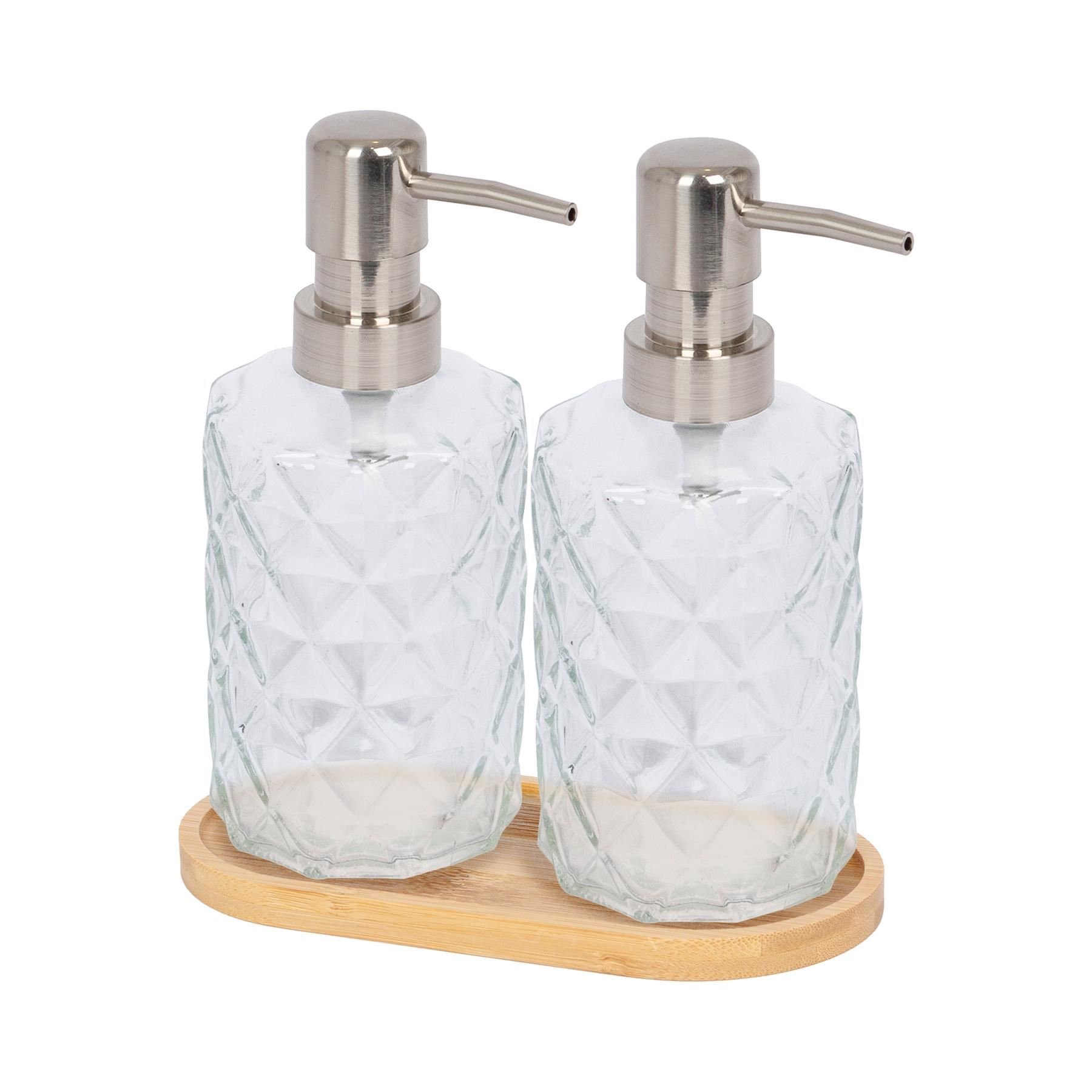 Harbour Housewares 2 Piece Prism Glass Soap Dispenser Set with Bamboo Tray