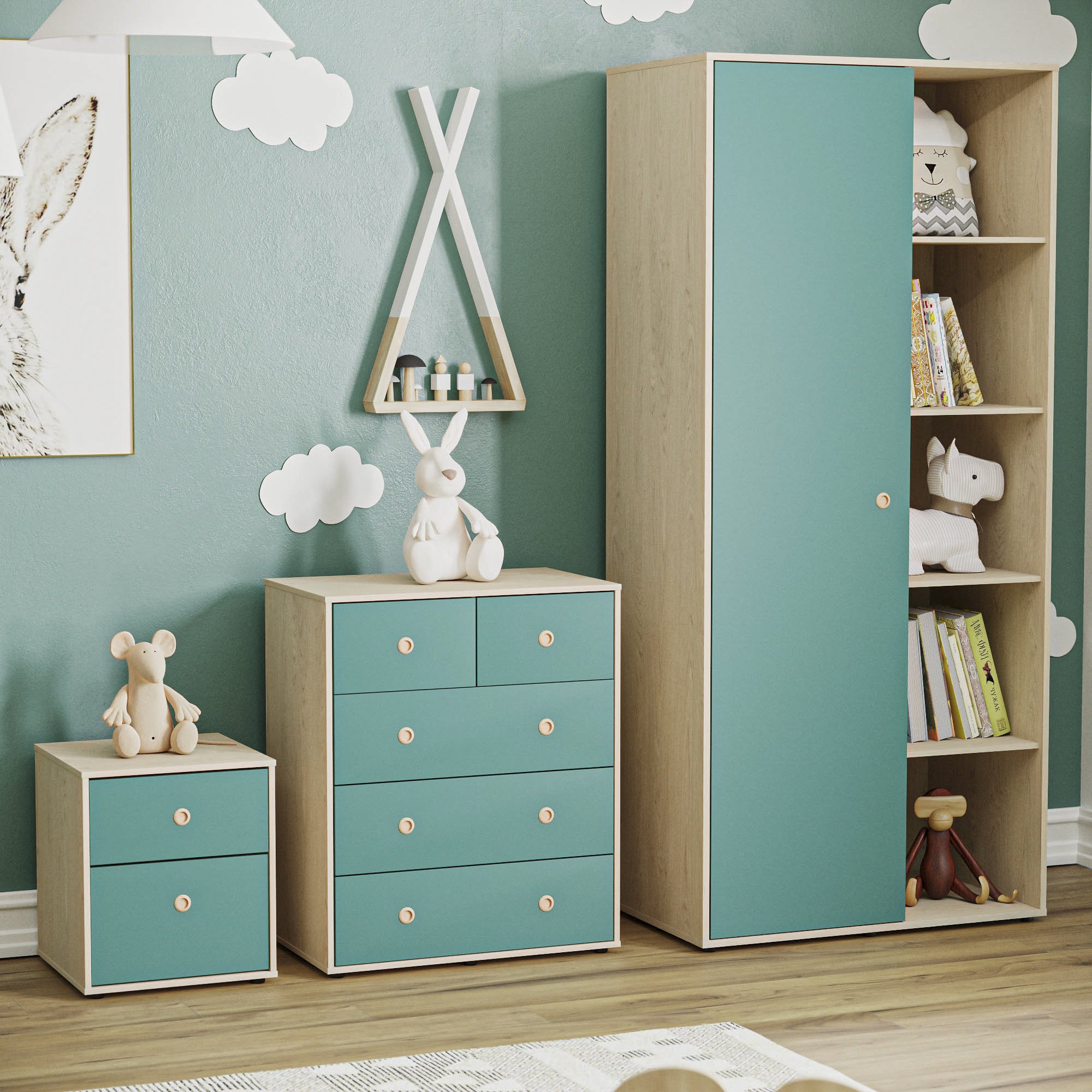 Junior Vida Neptune Bedroom Set (Bedside, Drawer Chest, Wardrobe) - Blue & Oak