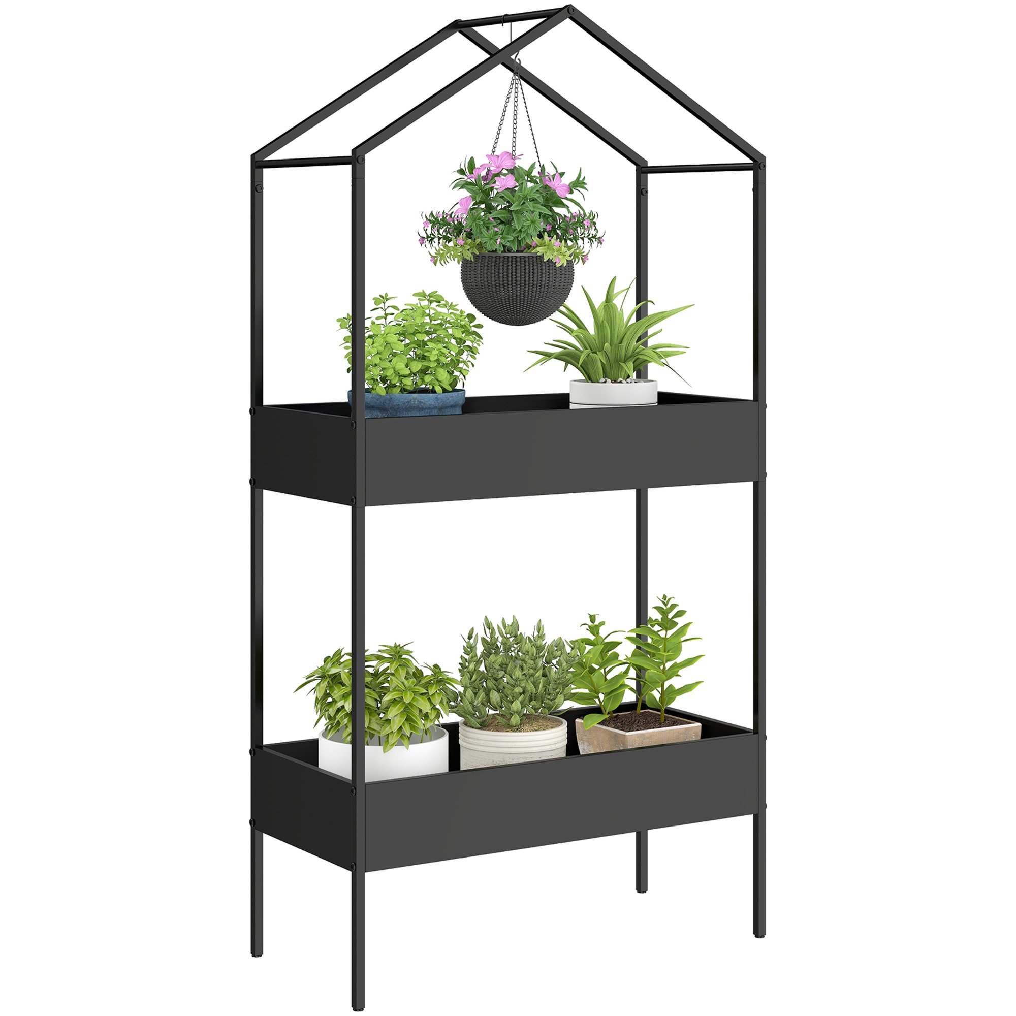 Outsunny 2 Tier Metal Outdoor Raised Garden Bed - Black