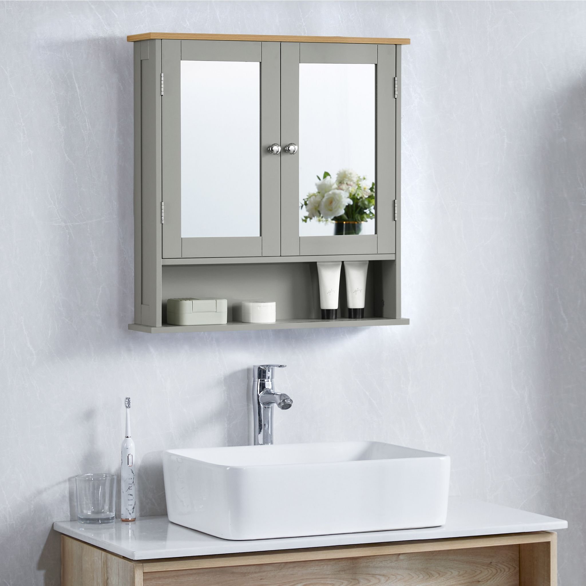 Bath Vida Priano 2 Door Mirrored Bathroom Wall Cabinet With Shelf - Grey and Oak