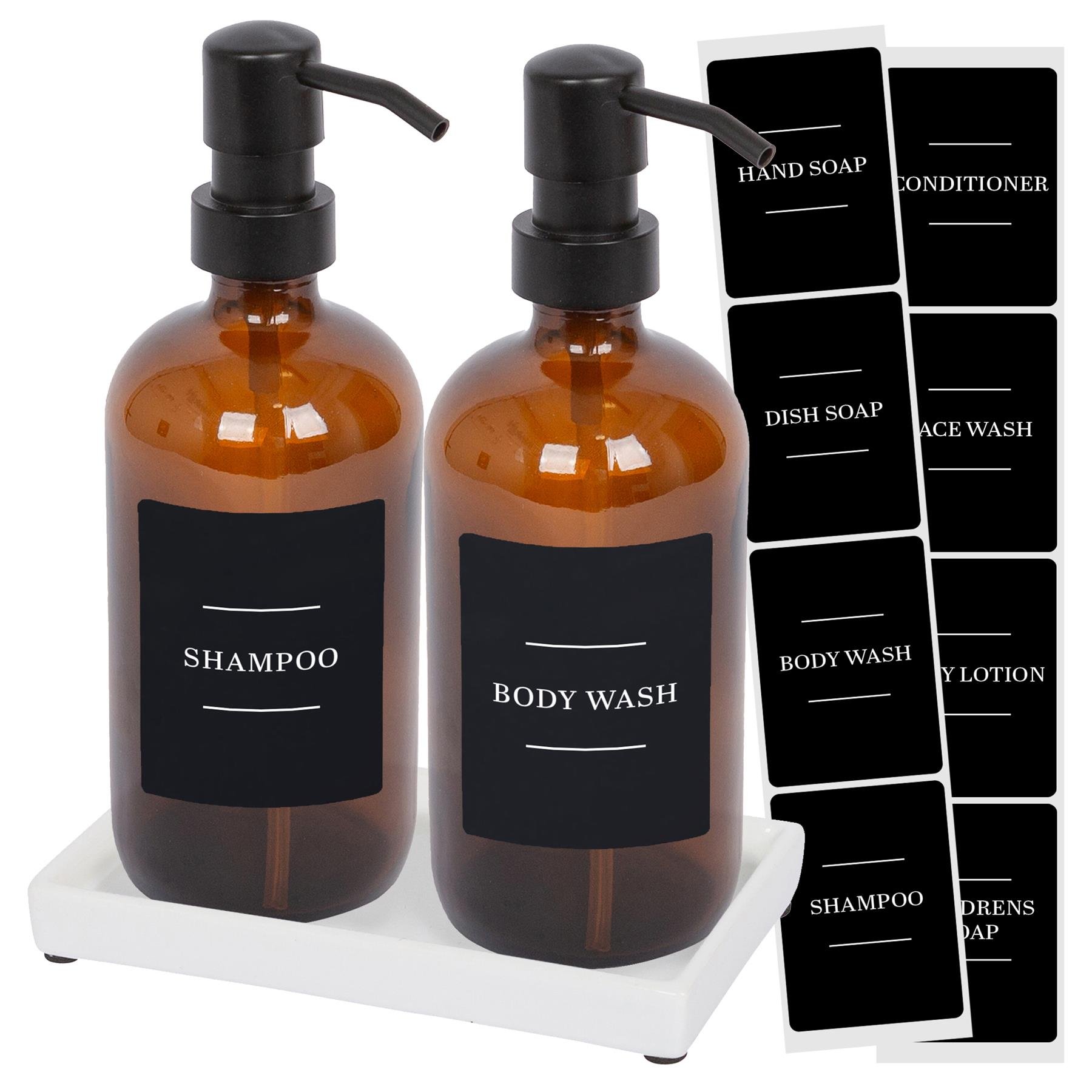 Harbour Housewares 2pc Soap Dispenser Set & Labels  - Amber/Black