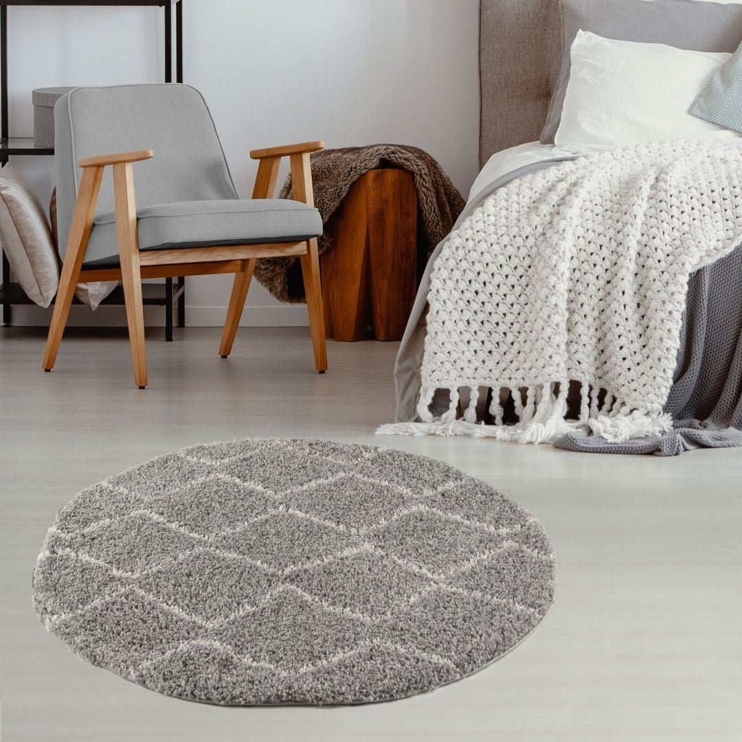 The Rugs Grey Moroccan Shaggy Zigzag Round Rug - 120cm