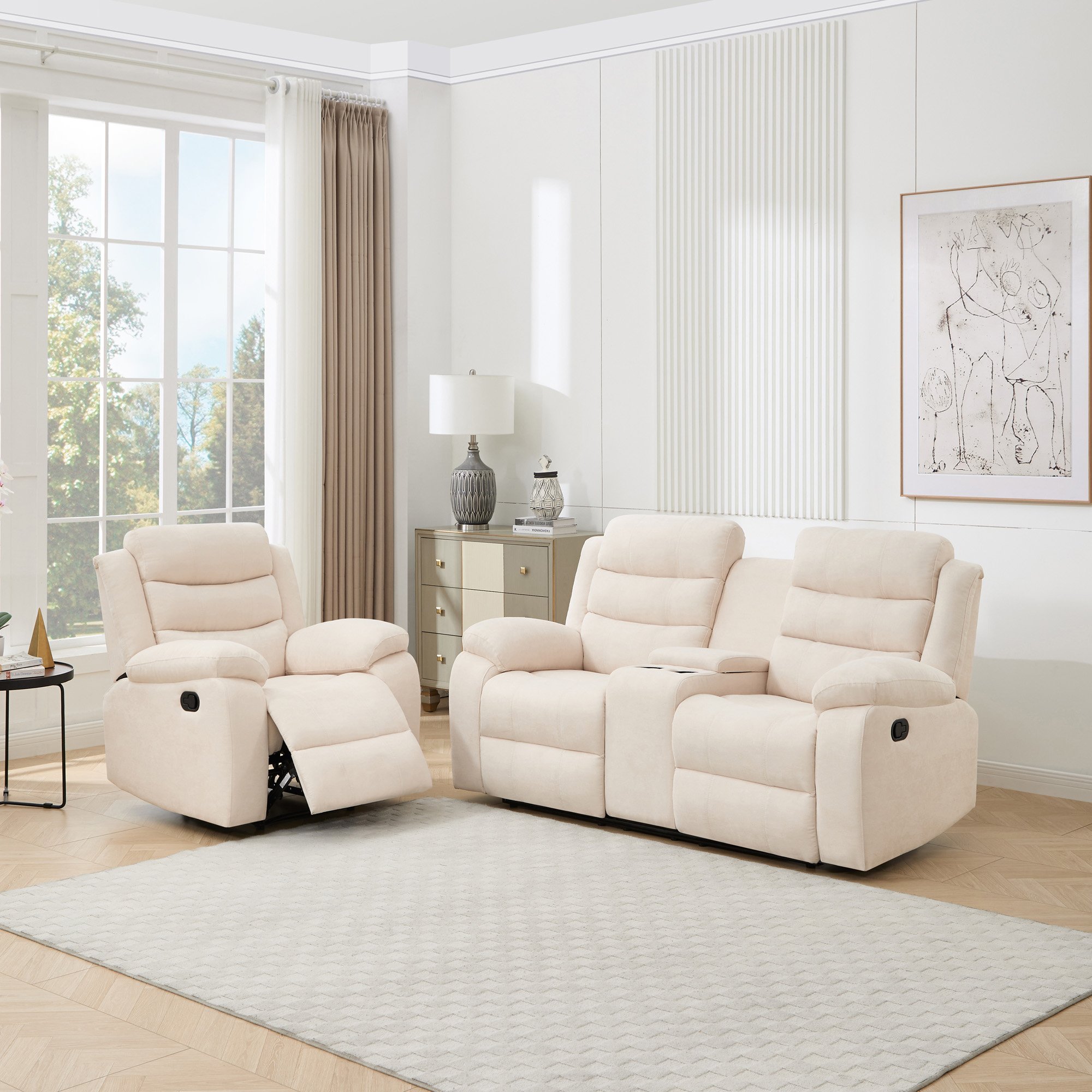 Furniture Online Boston Manual Recliner Fabric 1+2 Seater Sofa Set - Beige