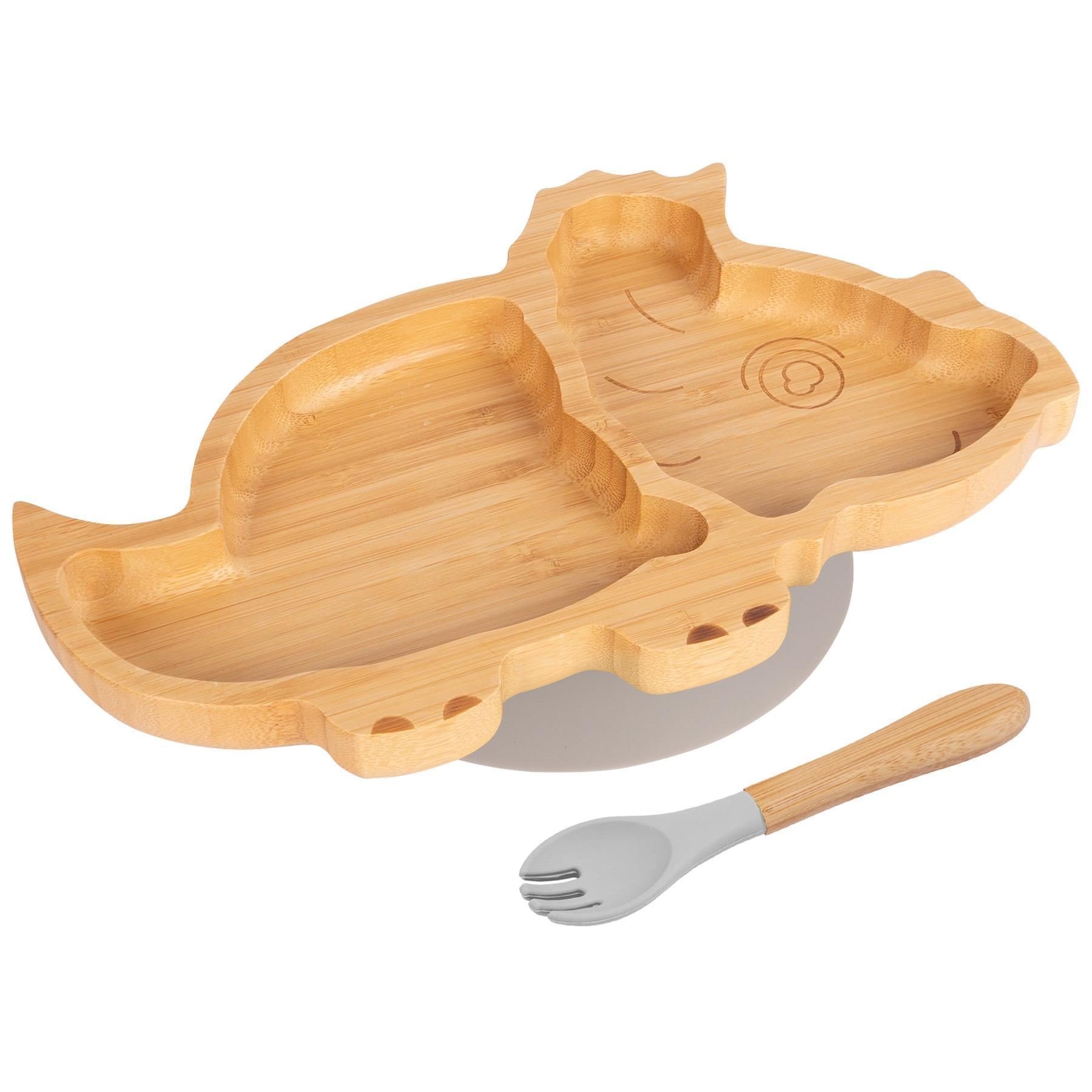 Tiny Dining Bamboo Dinosaur Baby Weaning Plate & Fork Set - Grey
