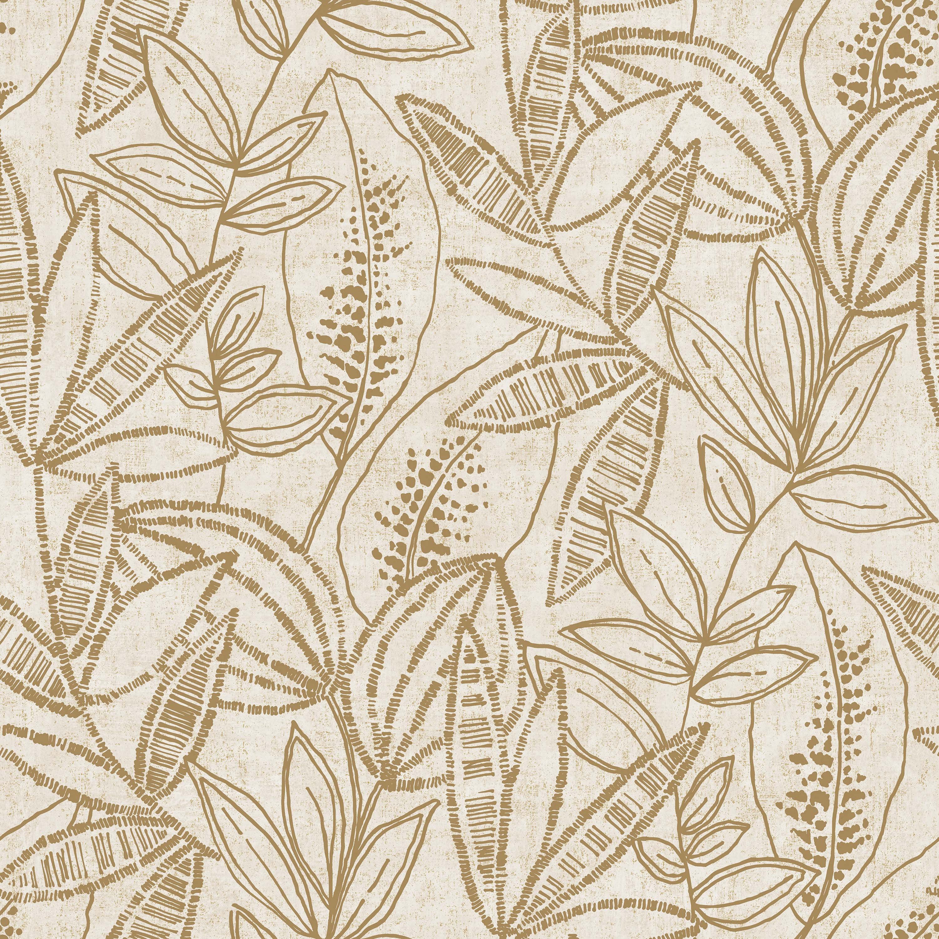 Grandeco Valadera Stitched Sketch Leaves Blown Vinyl Wallpaper - Neutral Yellow