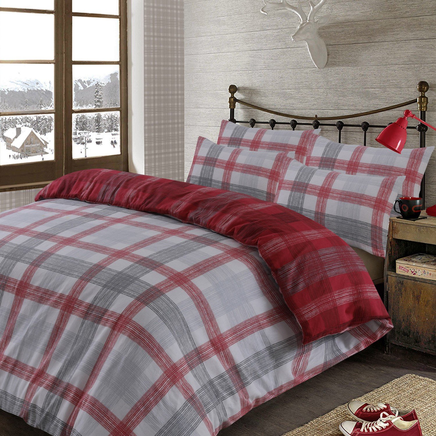 OHS Boston Brushed Cotton Duvet Cover Bedding Set Red - Super King