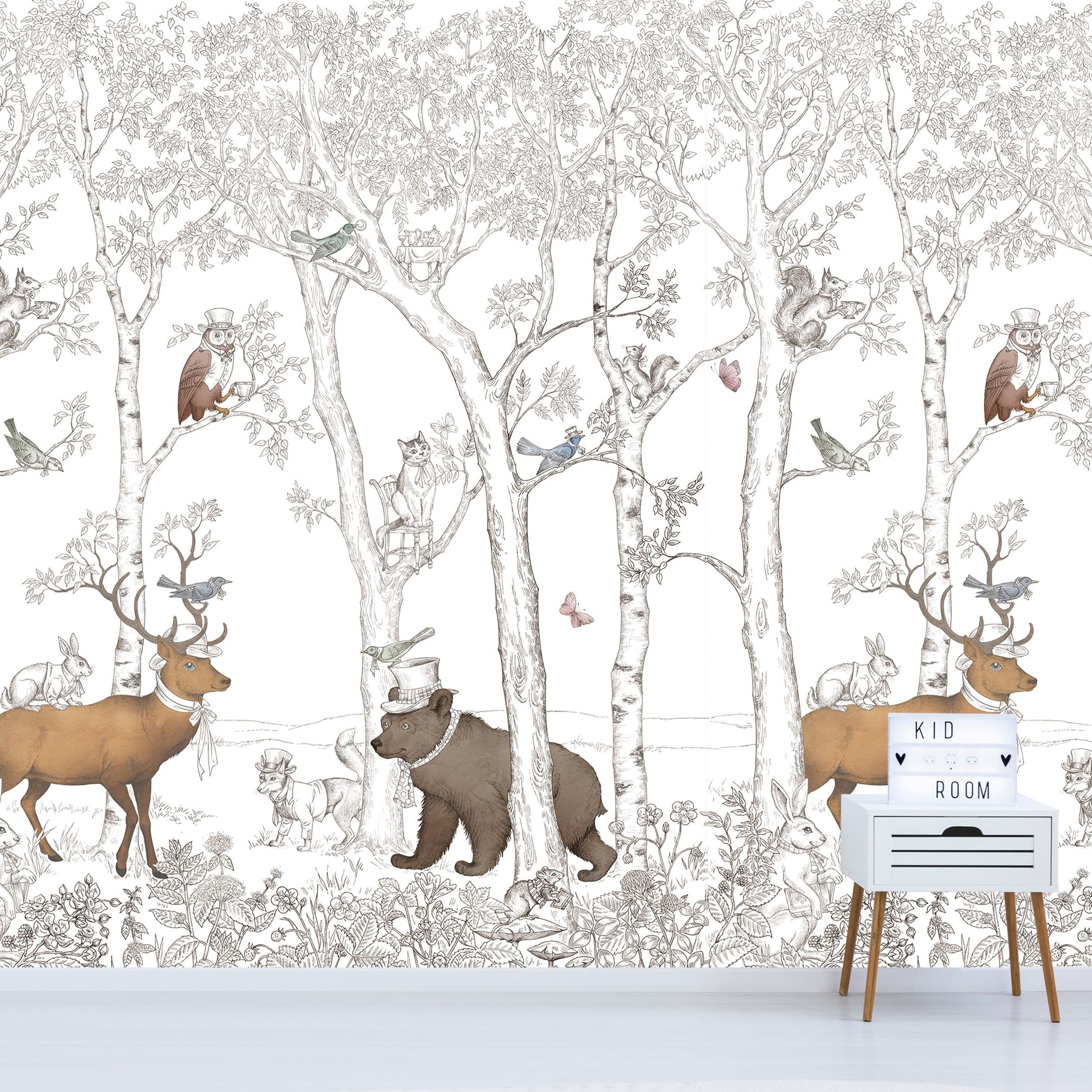 Grandeco Forest Animals 4 Lane Repeatable Wallpaper Nursery Mural  - Grey