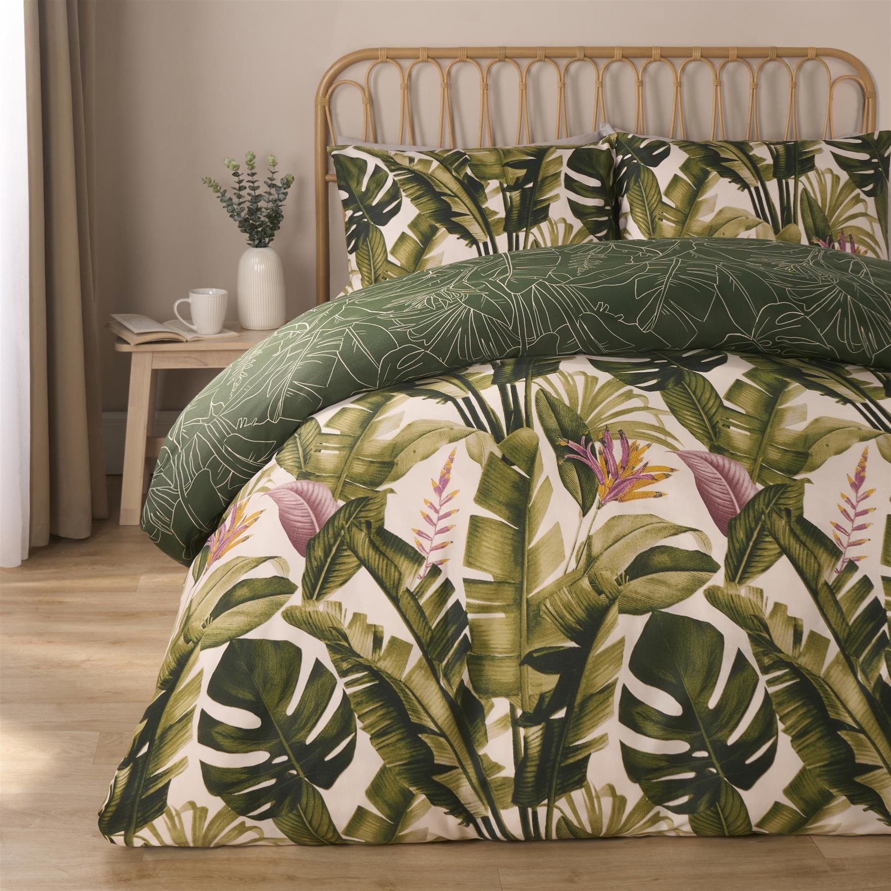 OHS Tropical Duvet Cover Set Leaves Reversible Soft Bedding Green - Double