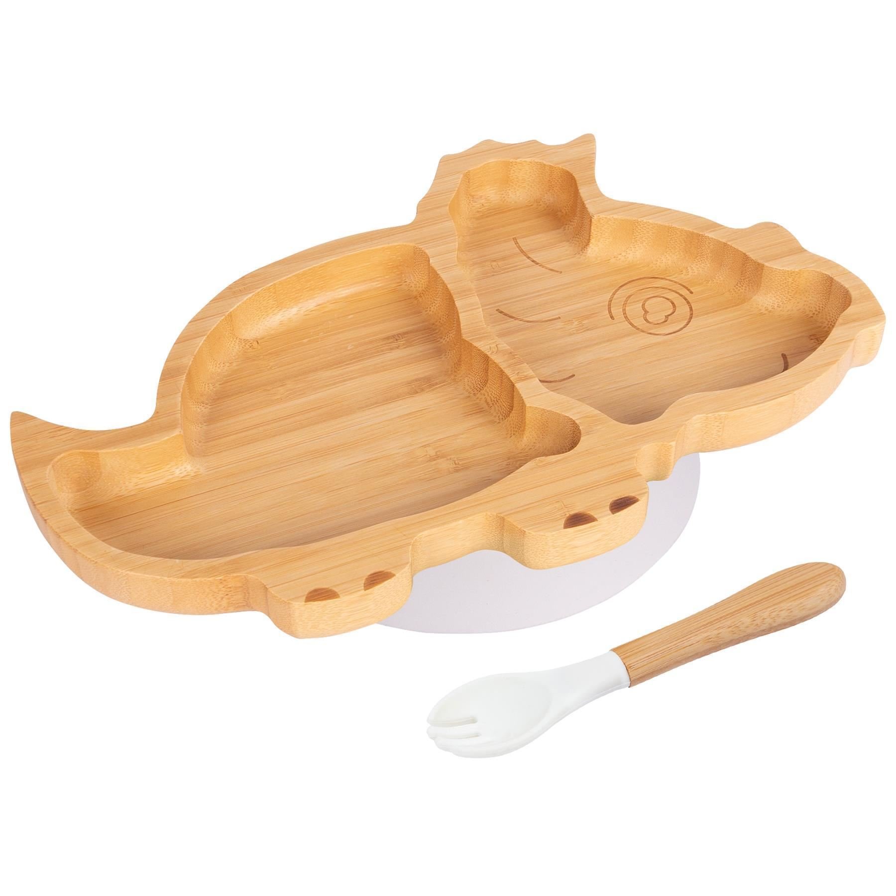 Tiny Dining Bamboo Dinosaur Baby Weaning Plate & Fork Set - White
