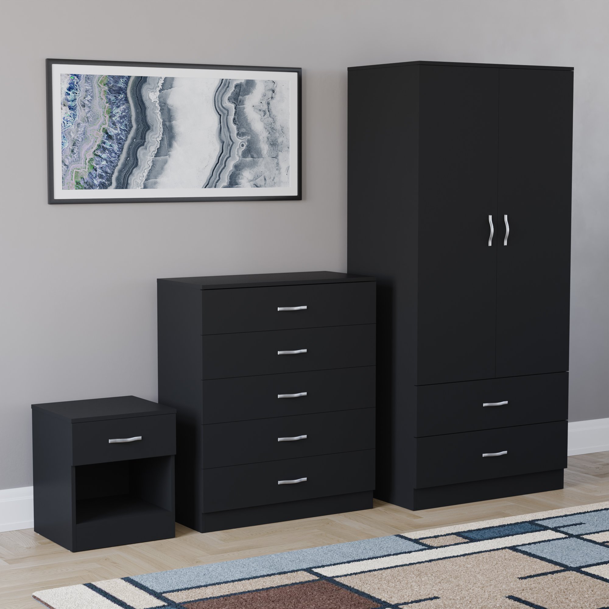 Vida Designs Riano Bedroom Set (Bedside, 5 Drawer Chest, 2x2 Wardrobe) - Black