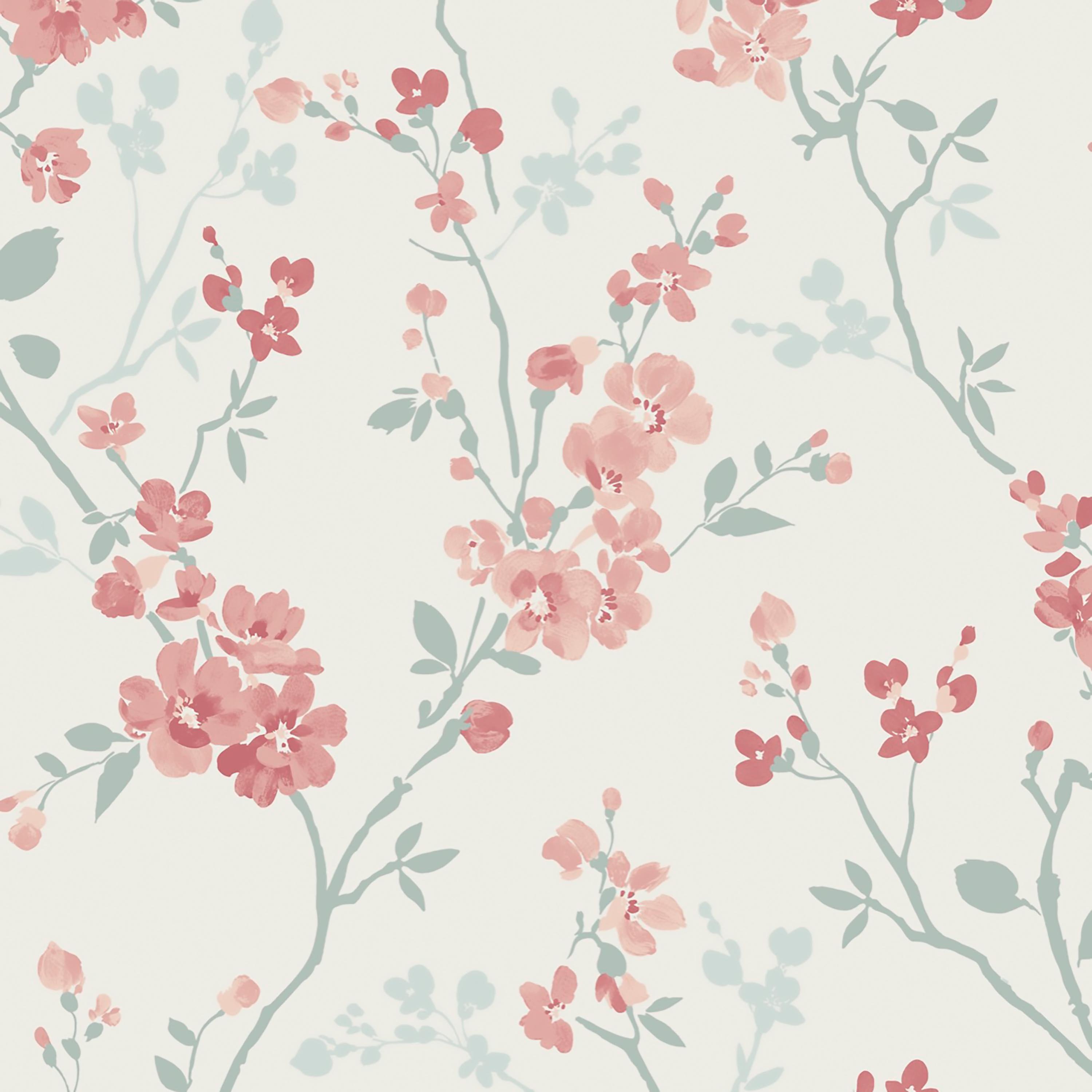 Grandeco Jasmin Floral Cherry Blossom Trail Blown Vinyl Wallpaper - White Pink