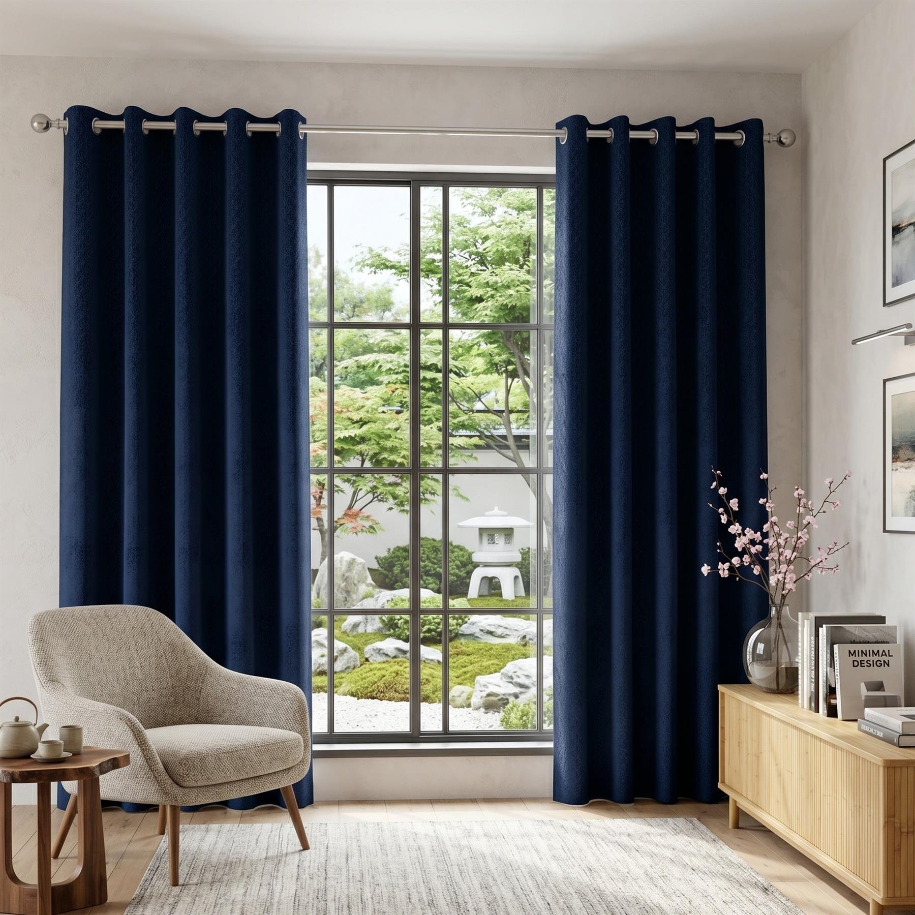 Luxury Living Temple Velvet Eyelet Blackout Curtains 117cm x 229cm - Navy