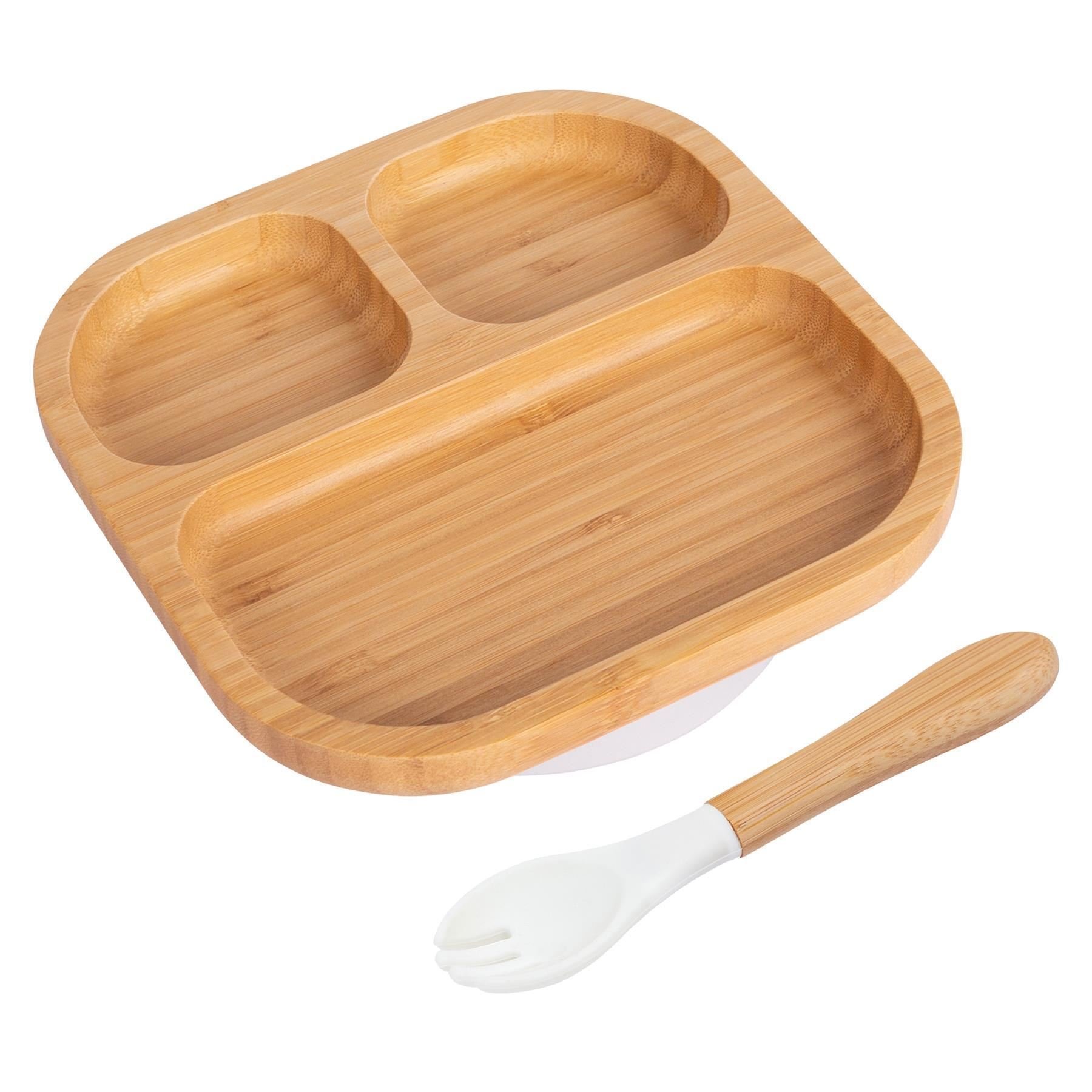 Tiny Dining Bamboo Segmented Baby Weaning Plate & Fork Set - White